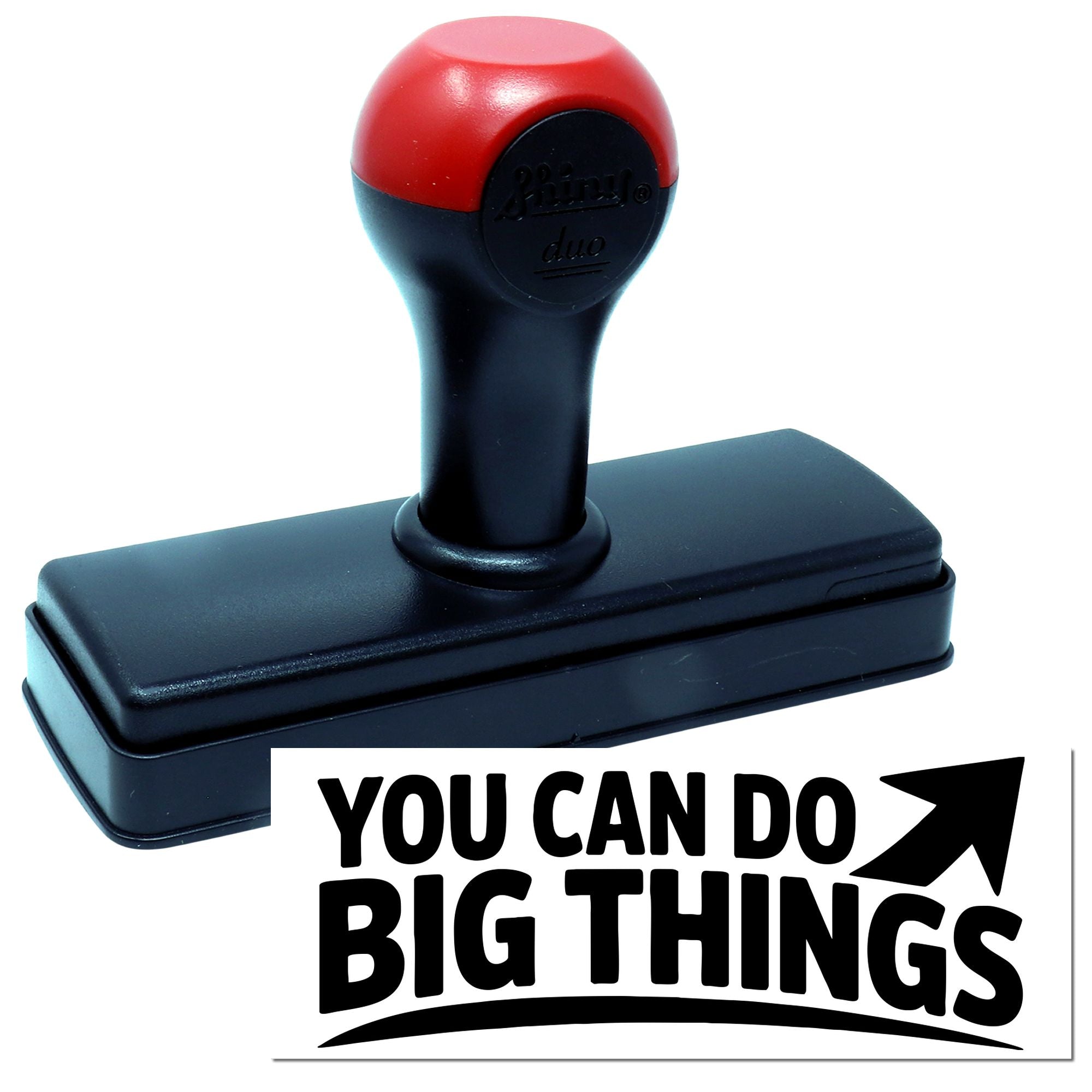 Red-and-black self-inking stamp and seal with rectangular base, featuring You Can Do Big Things print.