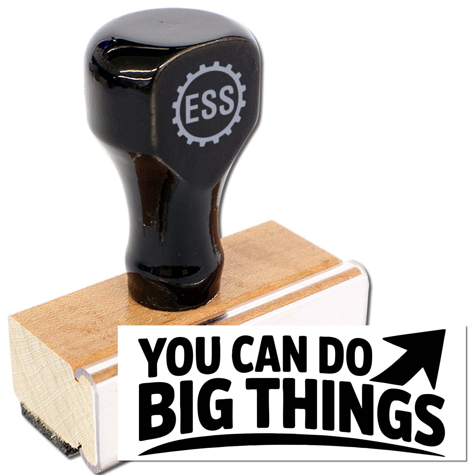 Black rubber stamp and seal on wooden block with ESS logo and bold YOU CAN DO BIG THINGS text