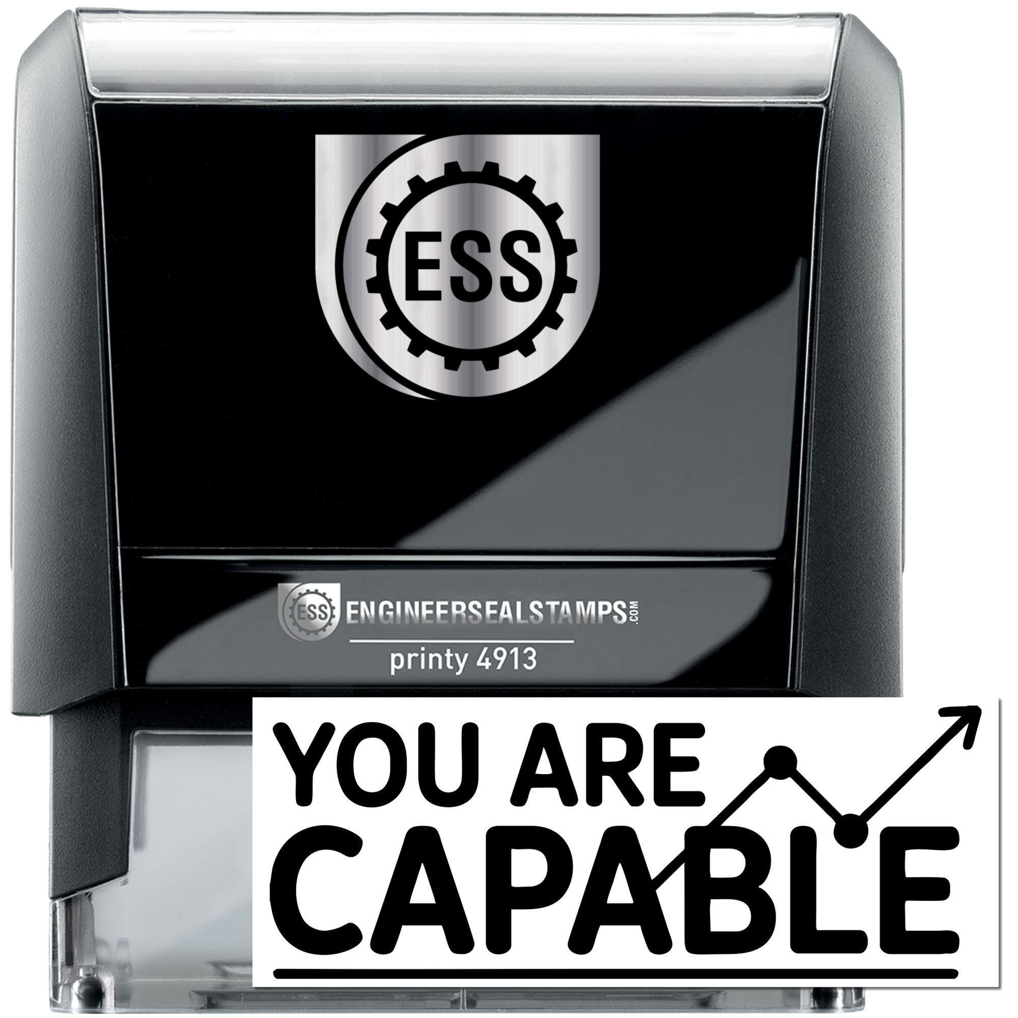Black and silver self-inking stamp with ESS seal, showing YOU ARE CAPABLE in bold black text.