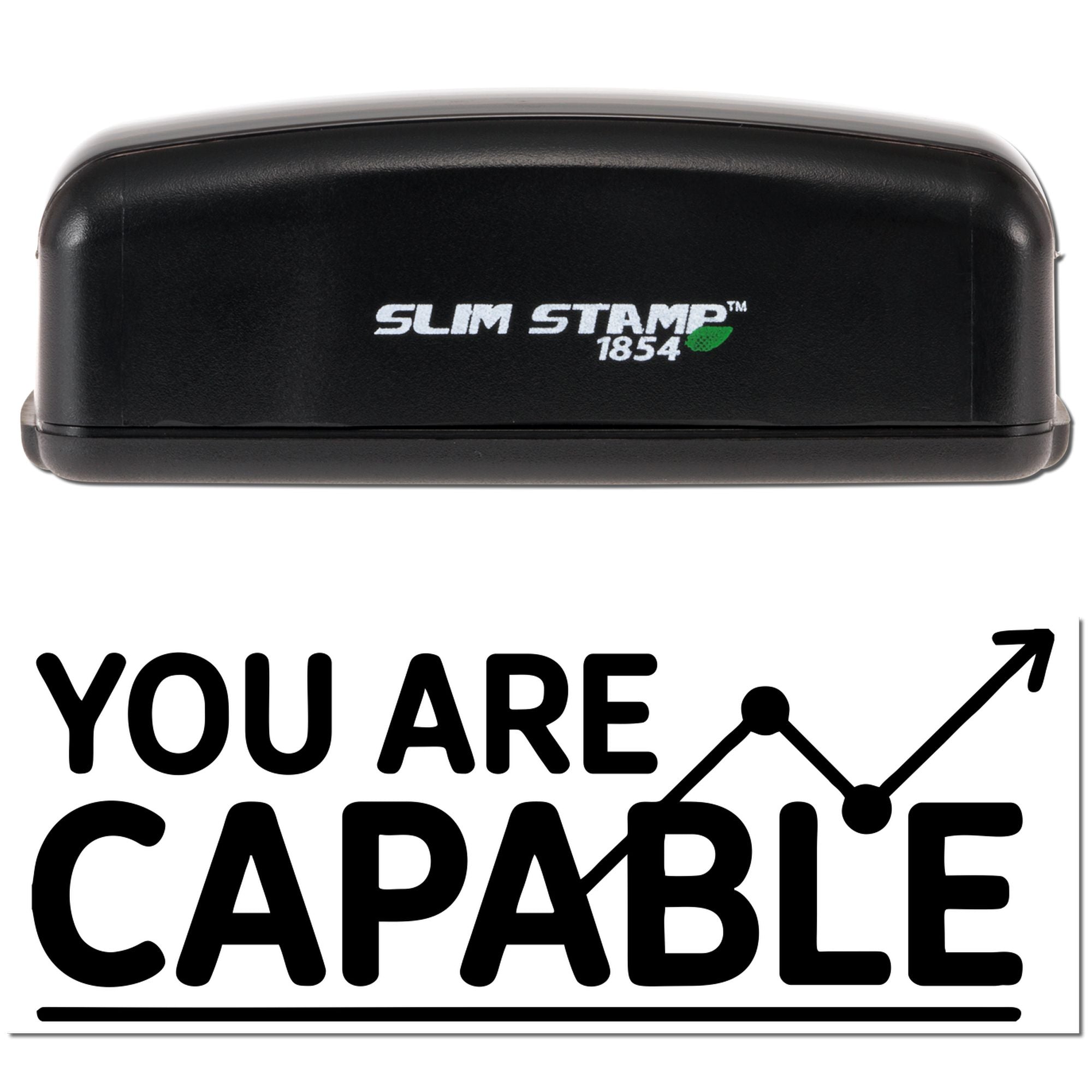 Black Slim Stamp 1854 custom stamp and seal embosser in black with white logo; You Are Capable text and upward arrow graphic.