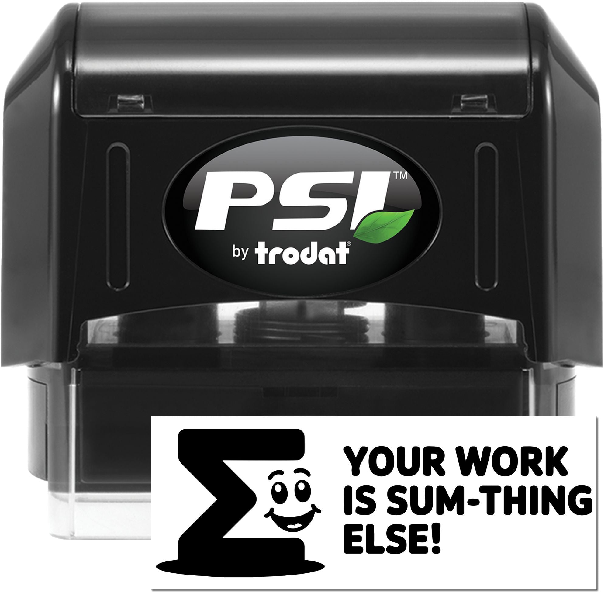 Black PSI by Trodat self-inking stamp and seal, black with green leaf logo, clear base, and white slogan card.