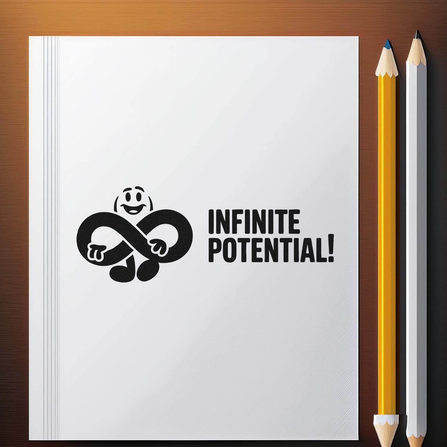 White notebook with black stamp-style infinity character and INFINITE POTENTIAL! text, beside yellow and white pencils.