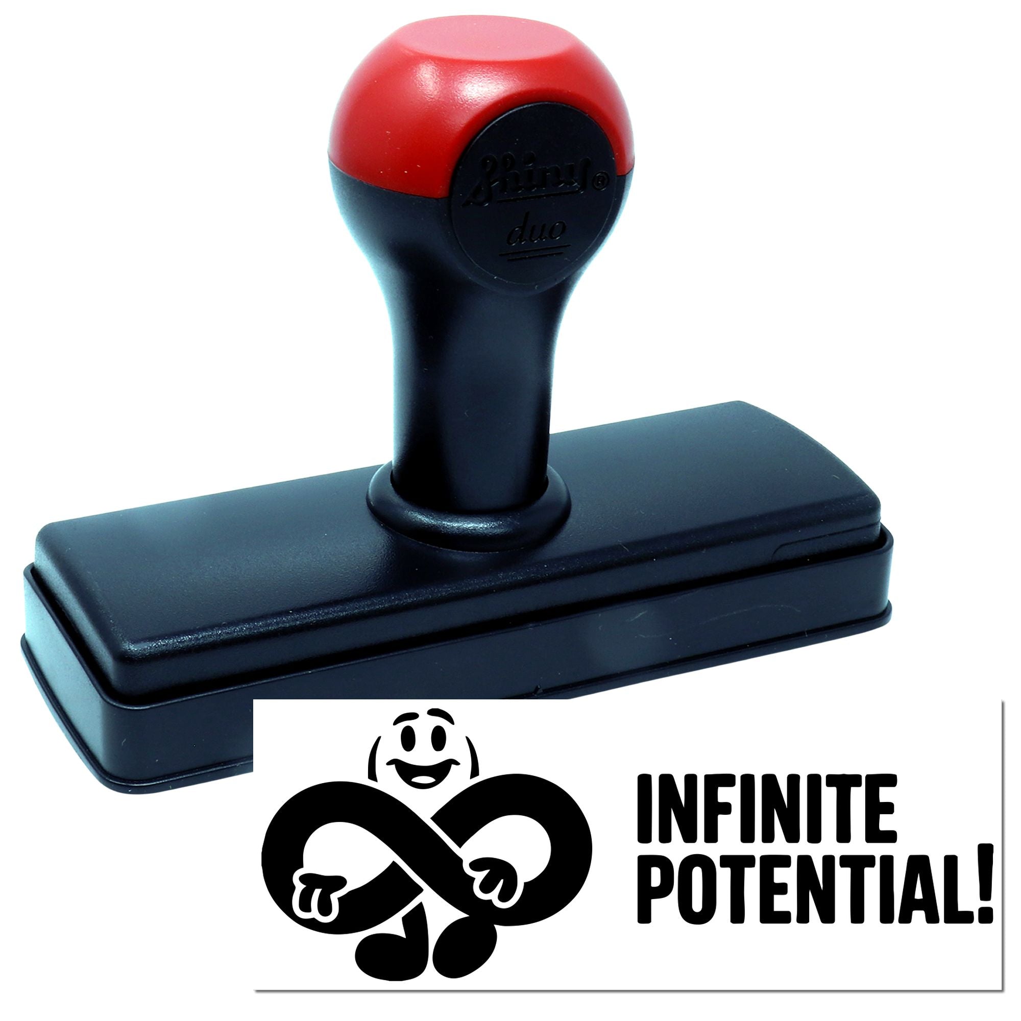 Red and black self-inking stamp and seal with Infinite Potential! logo on white background.