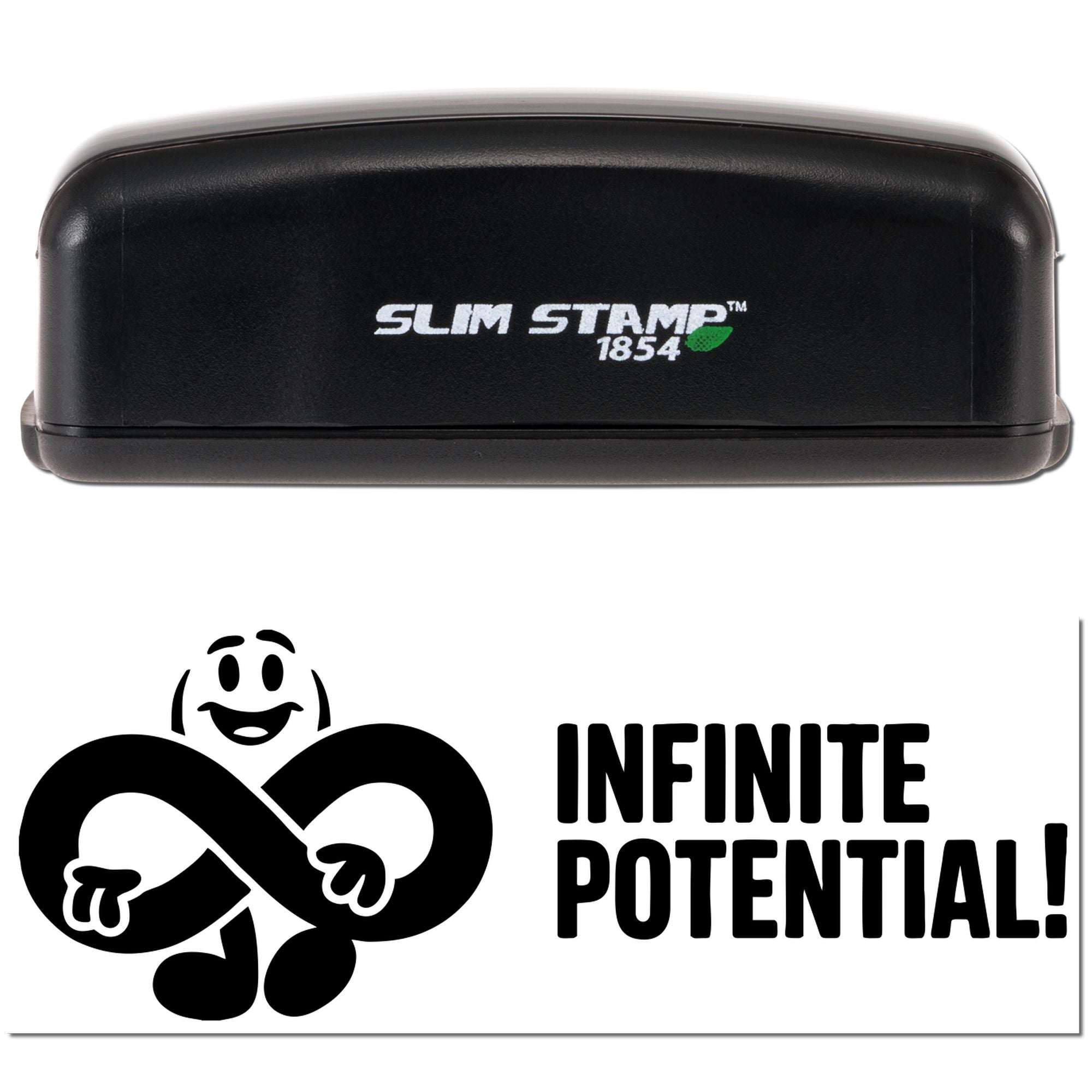 Black Slim Stamp 1854 stamp and white seal with black infinity symbol and INFINITE POTENTIAL! text