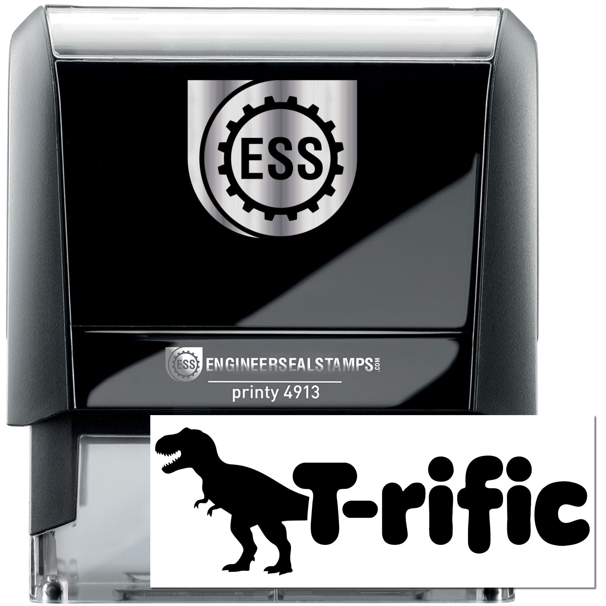 Black self-inking stamp with silver top, ESS logo, and white dinosaur T-rific seal insert for engineer seal products