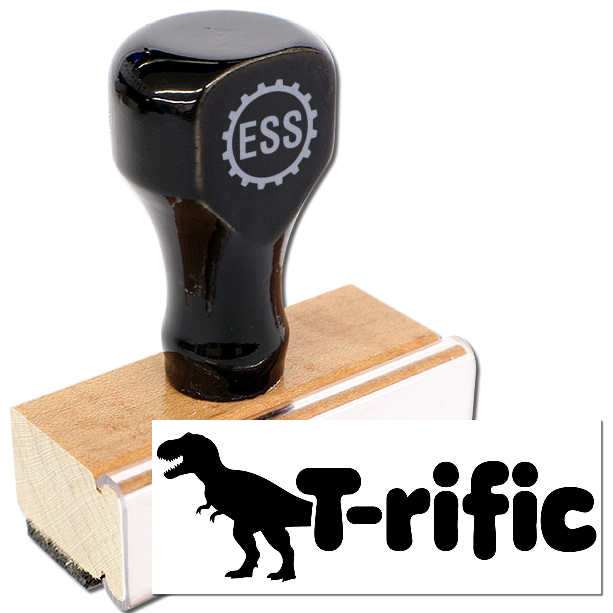 Black rubber stamp and seal with wooden block, dinosaur logo, and T-rific text on a white background