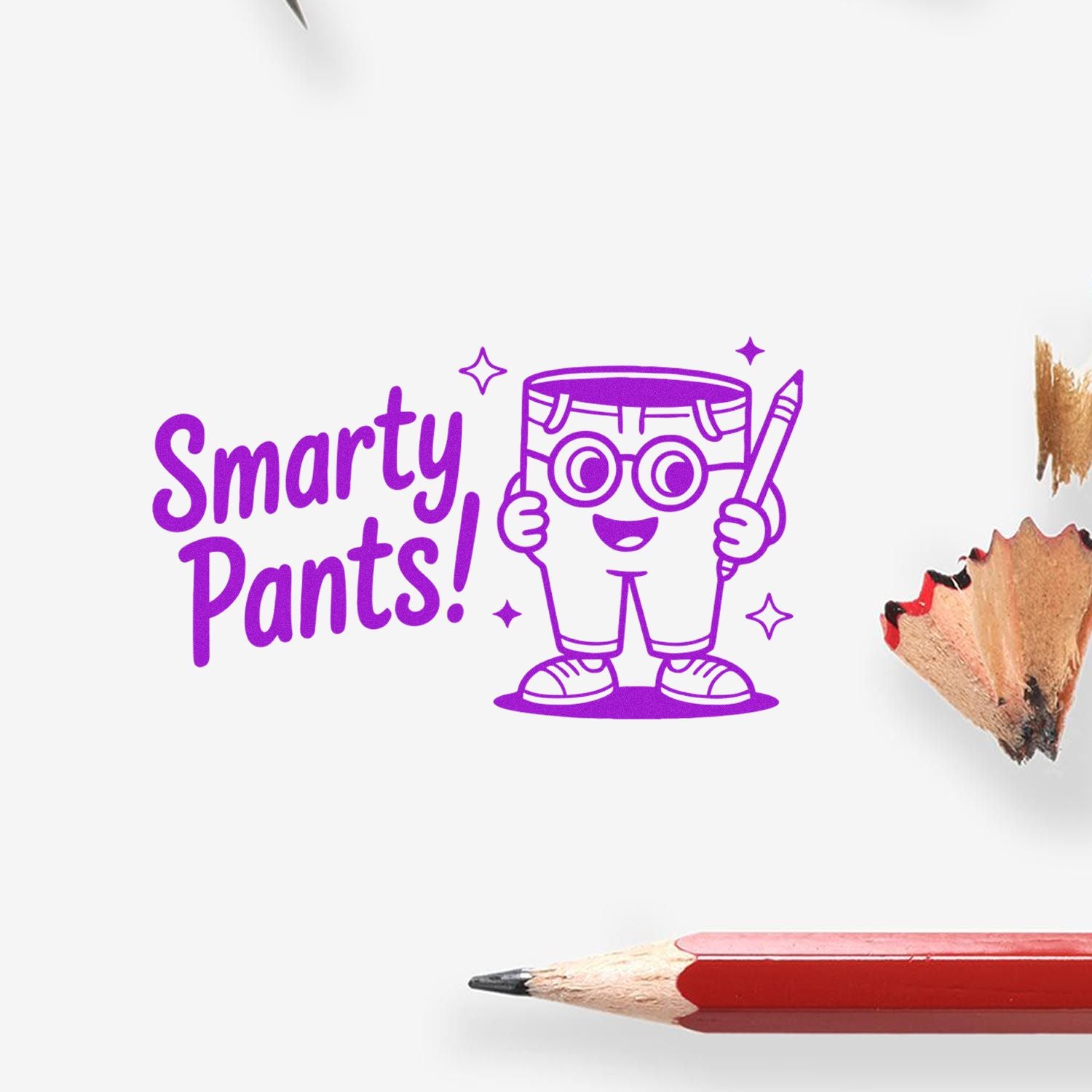 Purple Smarty Pants stamp and seal with cartoon pencil character, sparkles, and a red pencil on a white background.