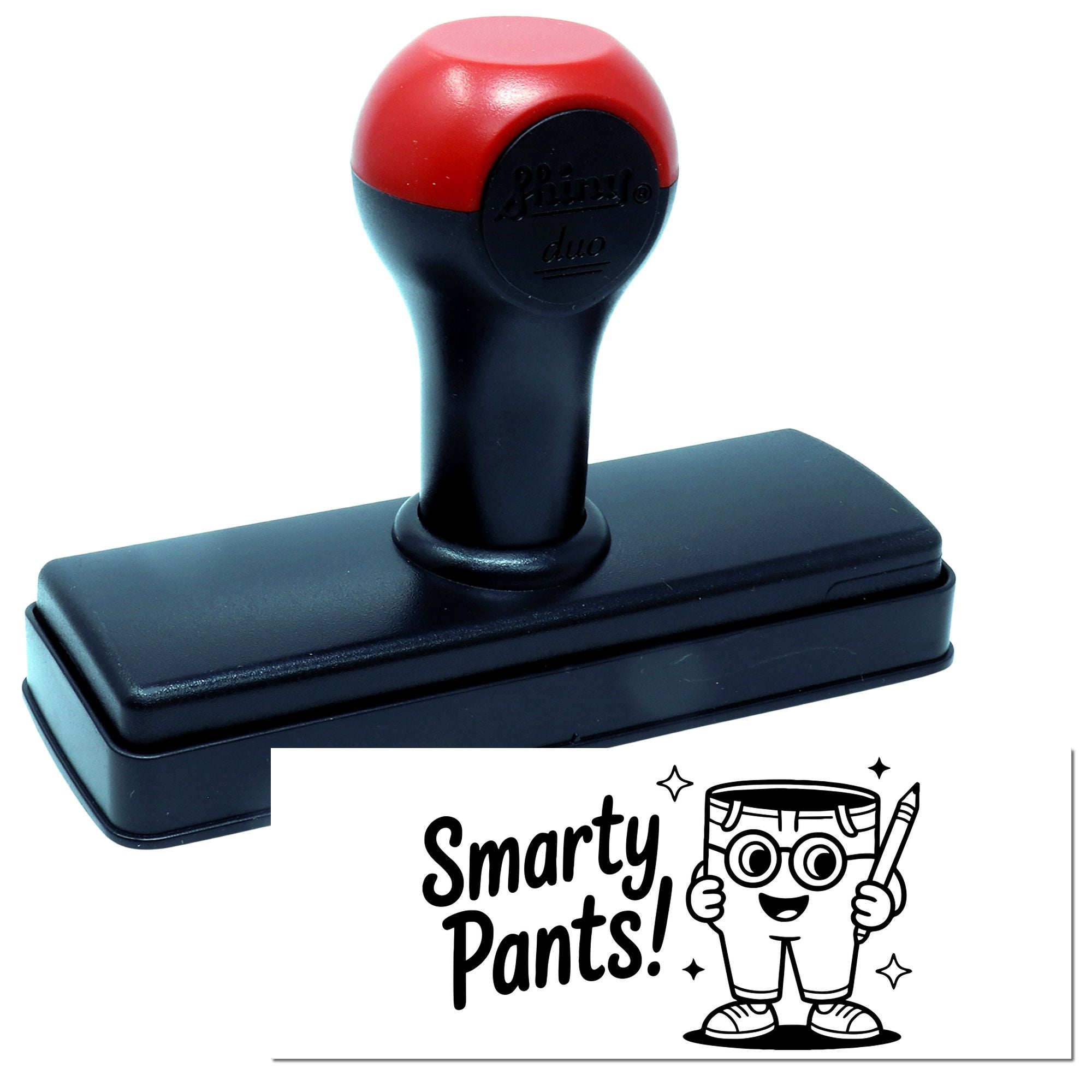 Red-and-black self-inking stamp and seal with Smarty Pants! custom impression and cartoon character.