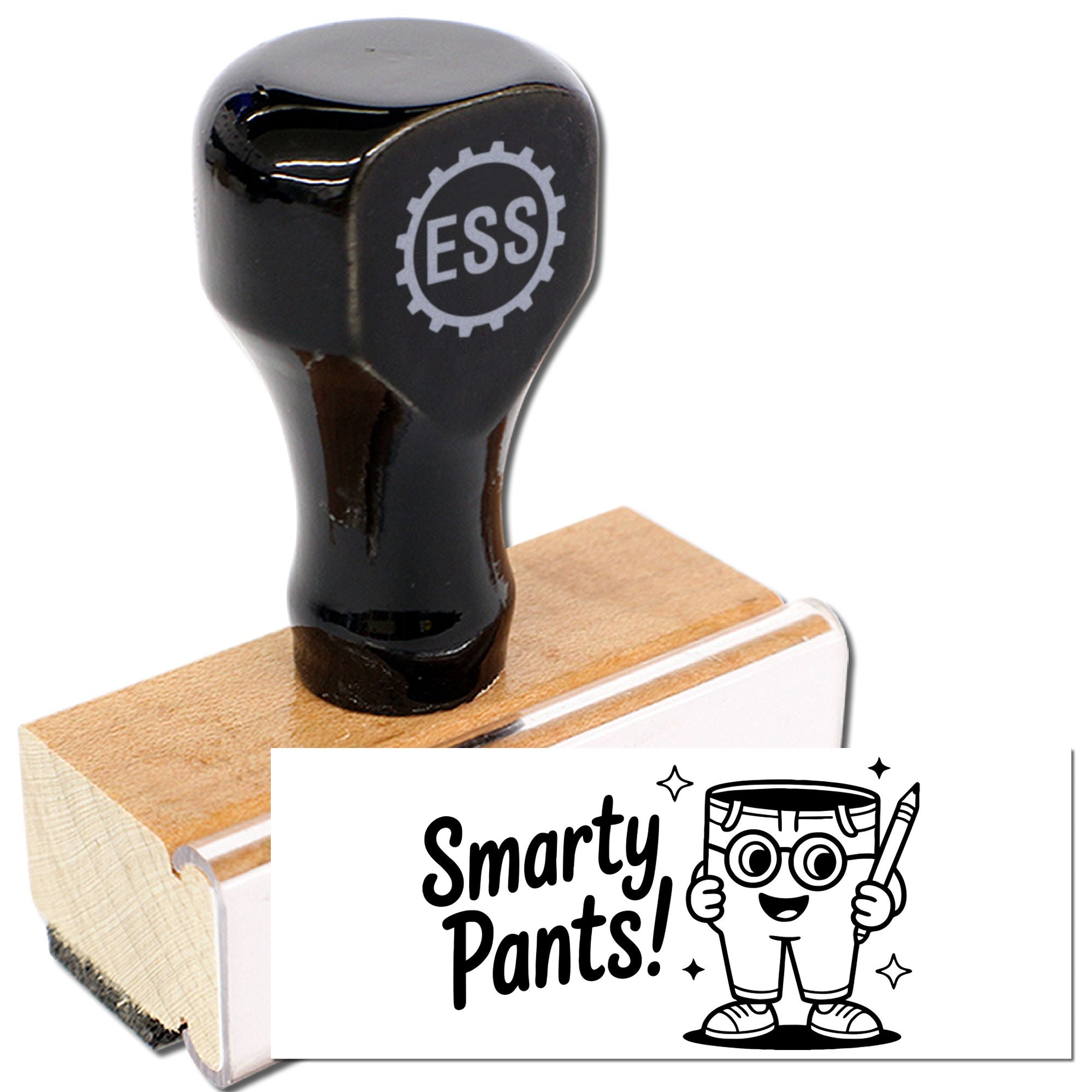Glossy black rubber stamp on a tan wooden seal block, with ESS gear logo and Smarty Pants! design on white background.