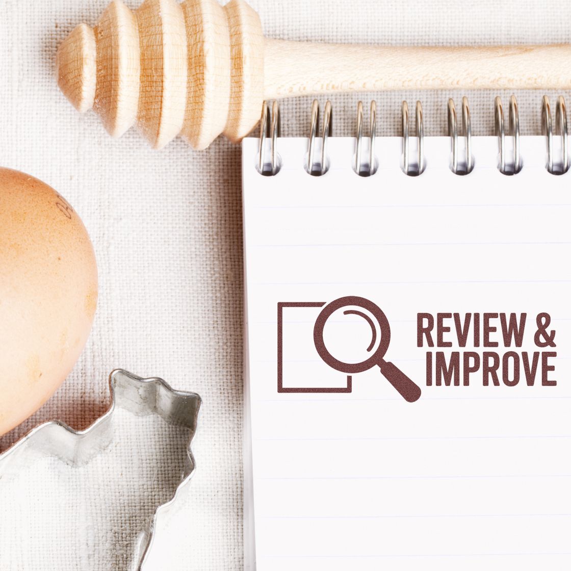 Brown Review & Improve rubber stamp on white spiral notebook, with a wooden stamp seal handle on linen.