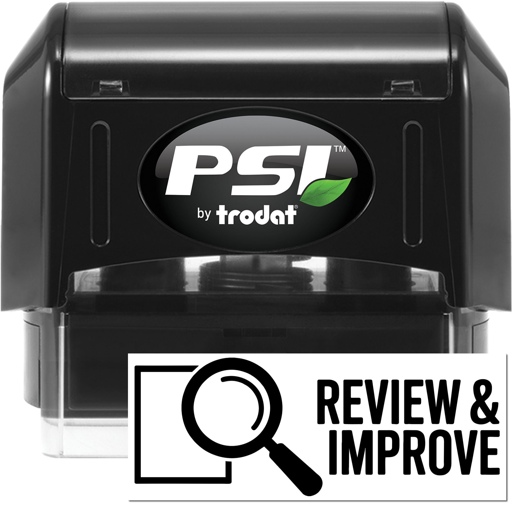 Black PSI by Trodat self-inking stamp and seal with green leaf logo, clear cap, and Review & Improve graphic