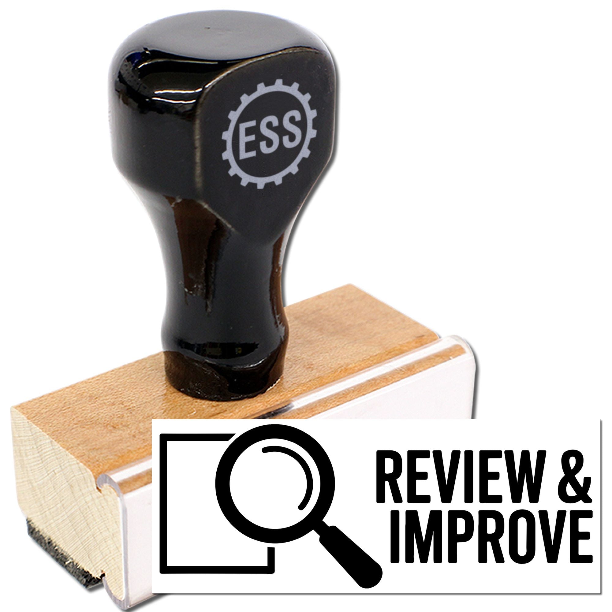 Black ESS rubber stamp on a wooden base with a review and improve seal graphic