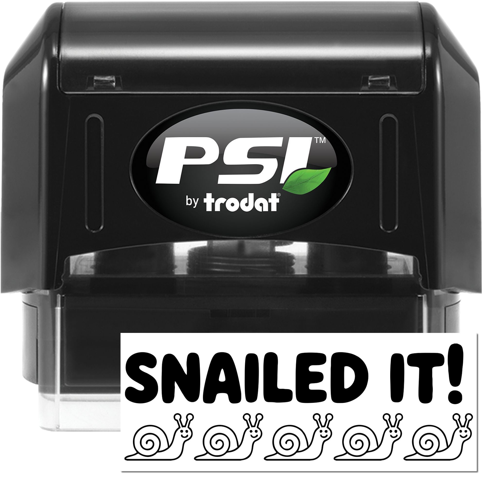 Black PSI by Trodat self-inking stamp and seal with green leaf logo and Snailed It snail design on white background.