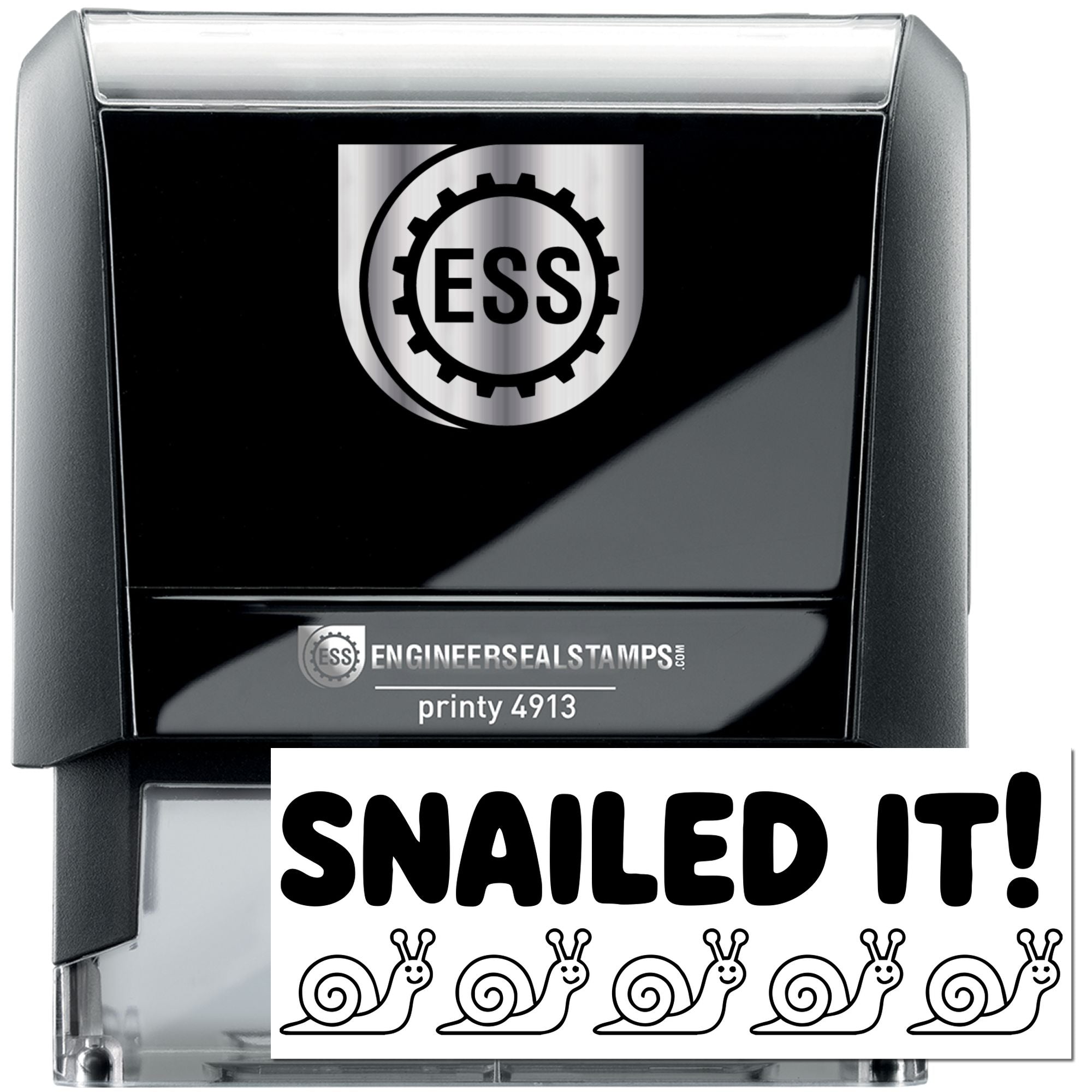 Black self-inking ESS stamp and seal with silver top, showing SNAILED IT! and five smiling snails.