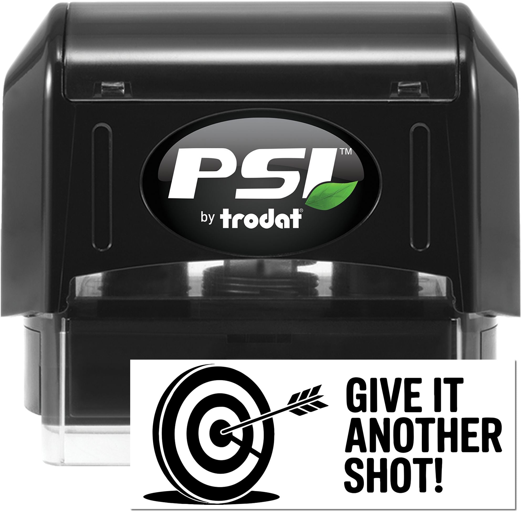 Black PSI by Trodat self-inking stamp and seal set with green leaf logo and white target card.