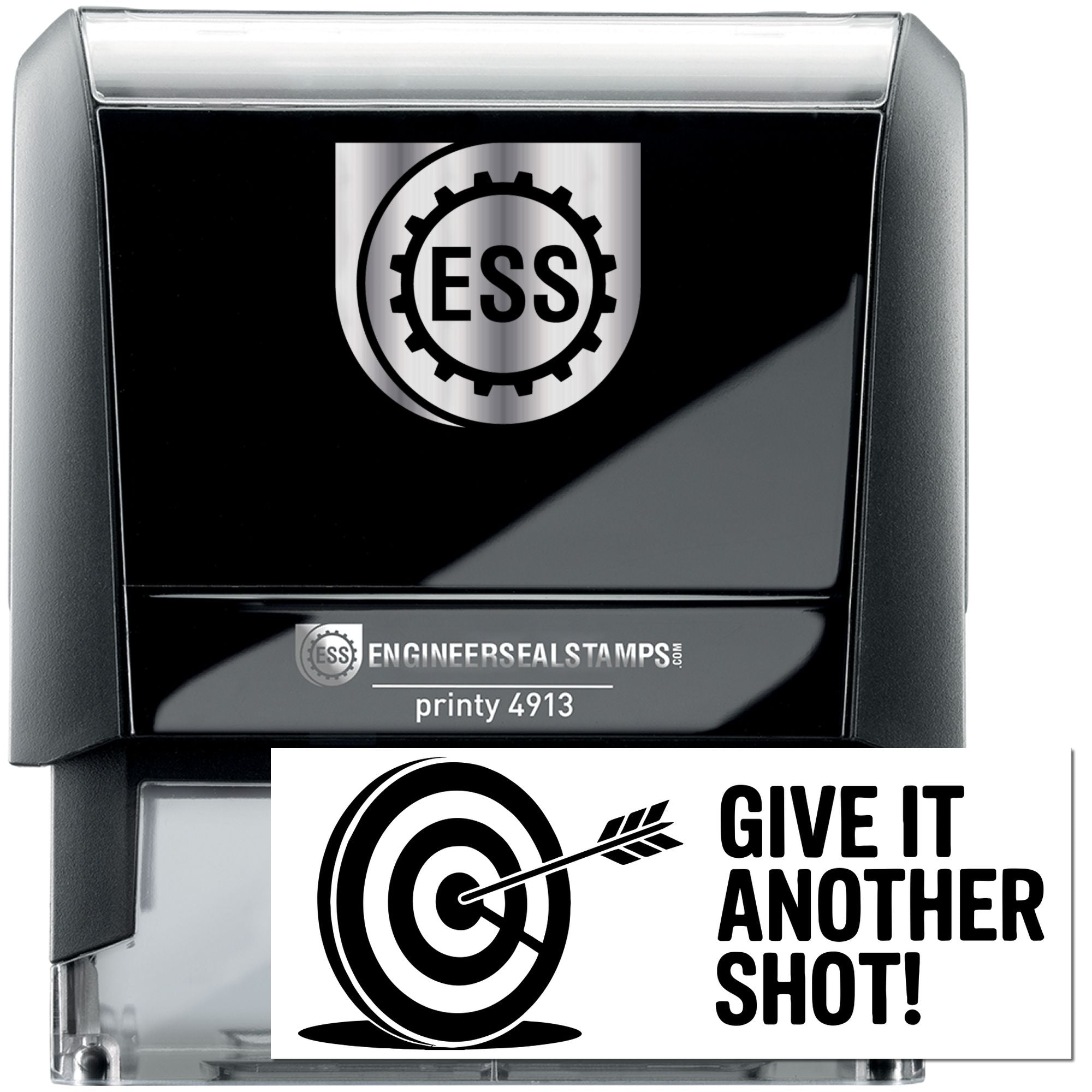 Black and silver self-inking engineer seal stamp with ESS logo and target seal sample reading Give It Another Shot!