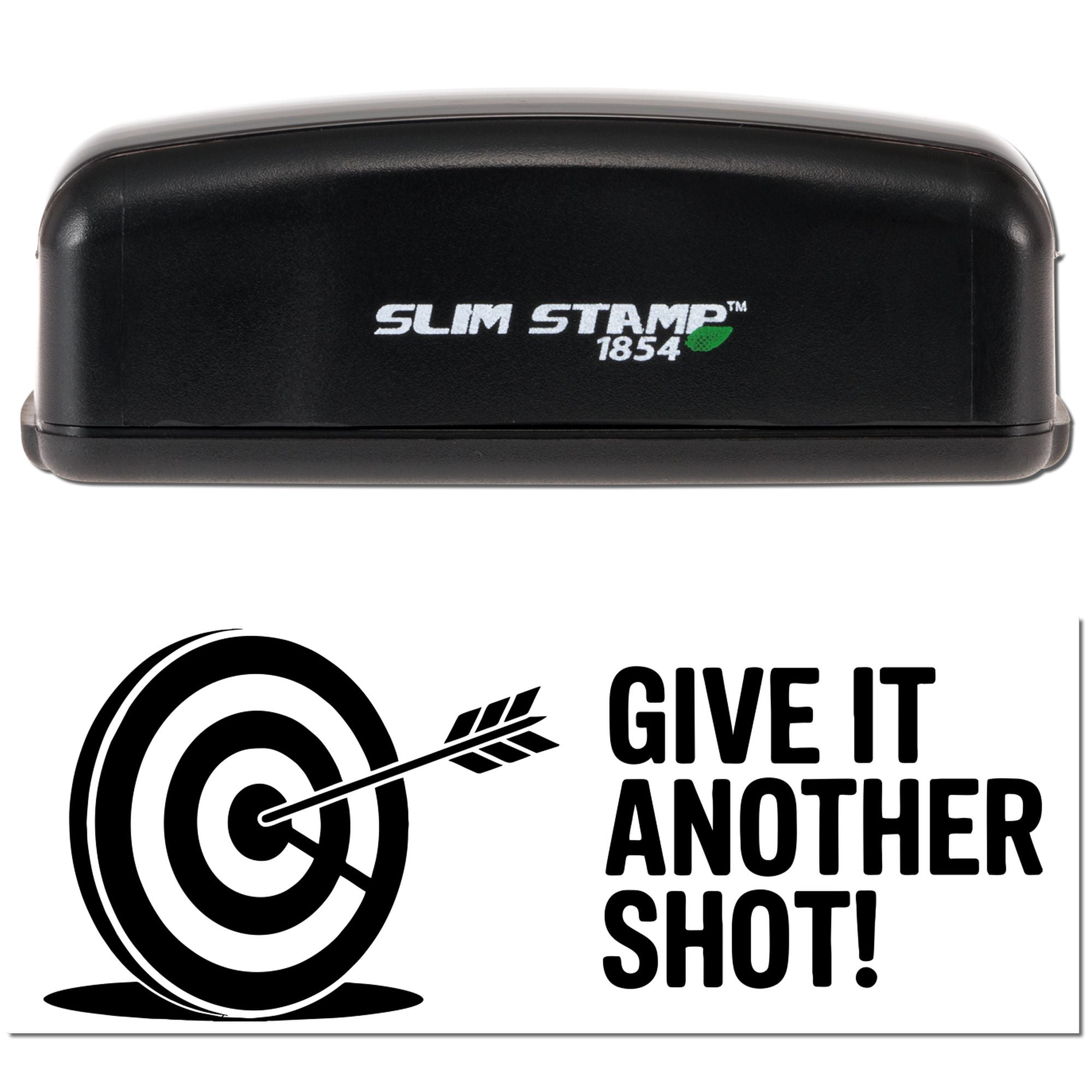 Black Slim Stamp 1854 stamp and seal with target icon and GIVE IT ANOTHER SHOT! slogan on white background.