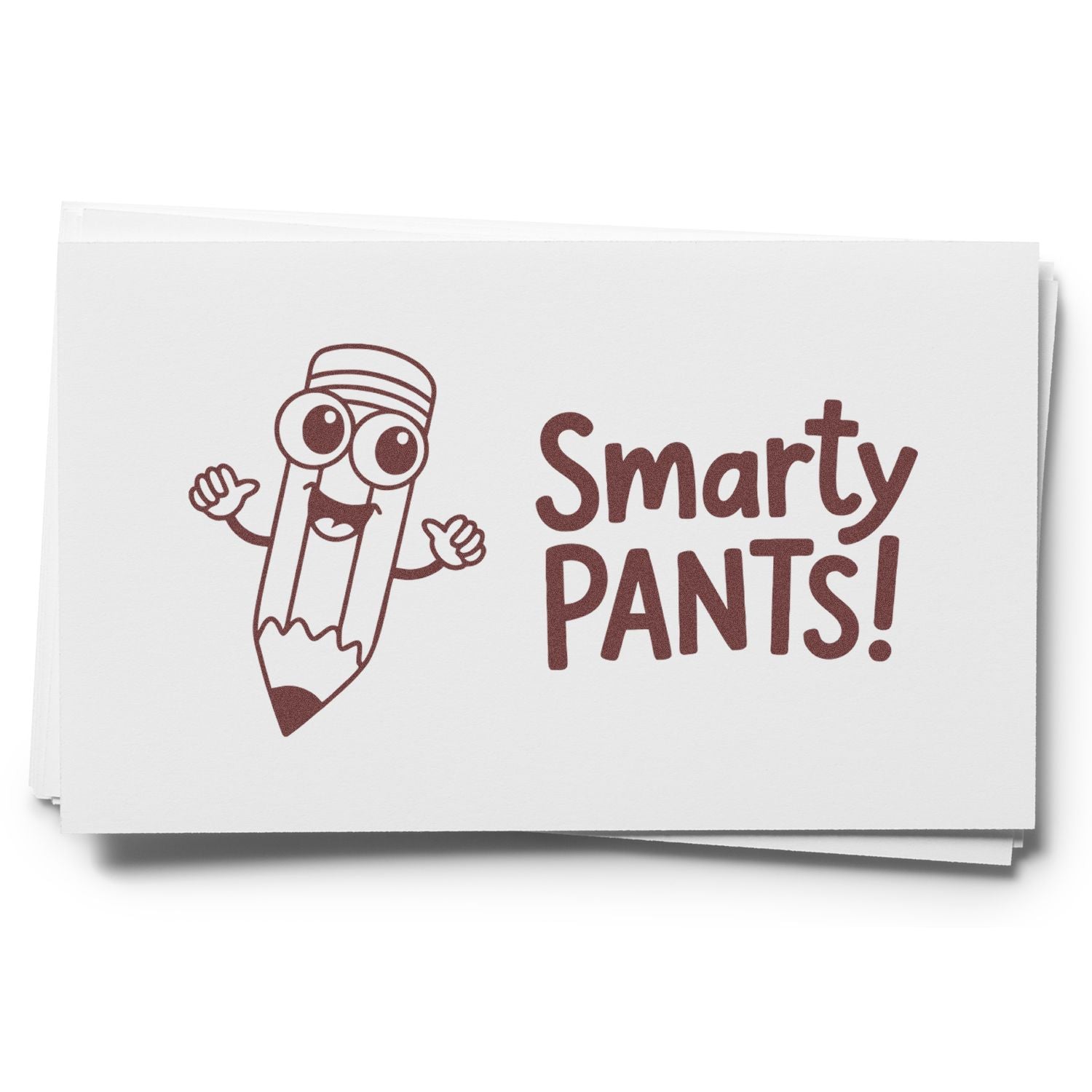 Brown Smarty PANTS! stamp and seal on white cards with a cartoon pencil mascot.