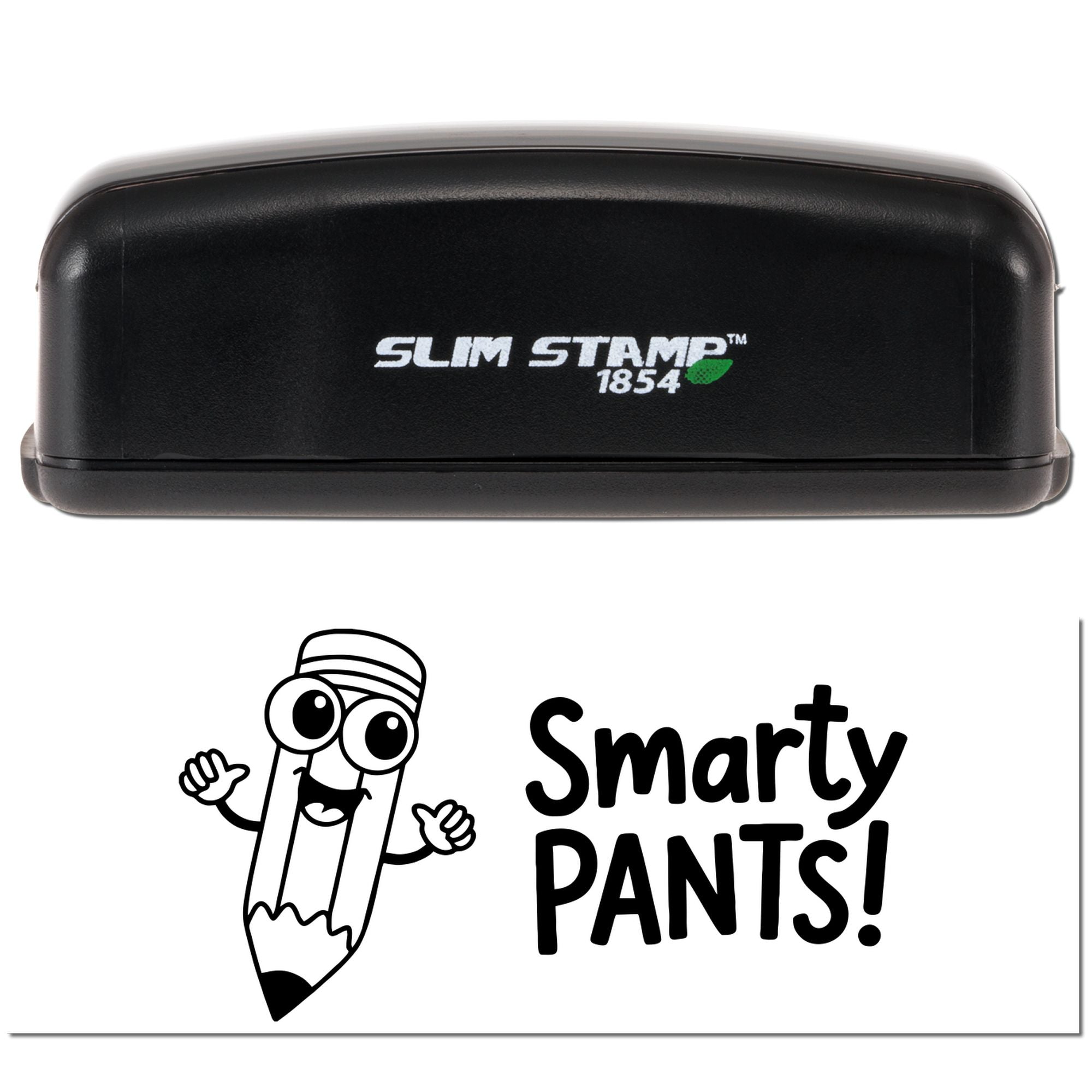 Black Slim Stamp 1854 stamp and seal with white logo and Smarty Pants! pencil mascot on a white background.