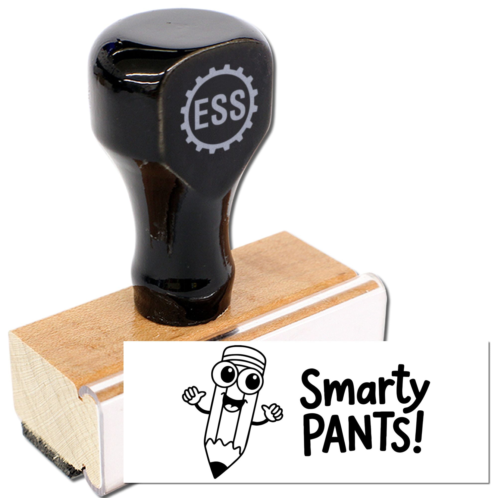 Black self-inking stamp with wooden seal block, ESS gear logo, and Smarty Pants branding on a white background.