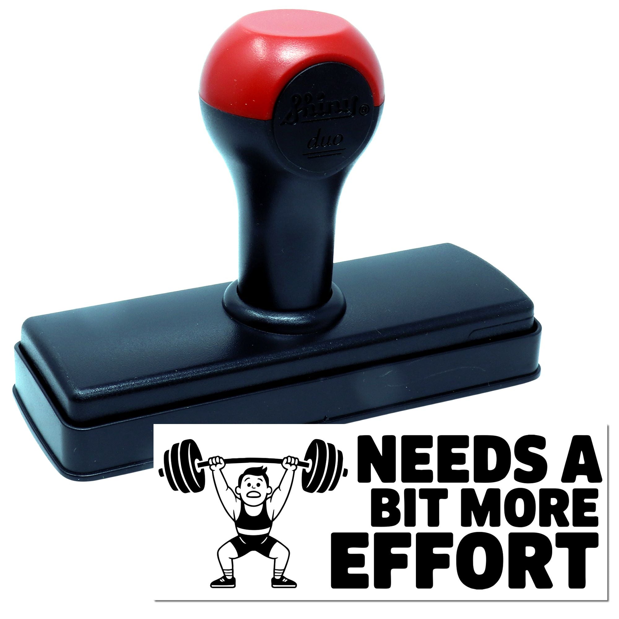 Red and black self-inking stamp and seal product with Needs a Bit More Effort weightlifter design.
