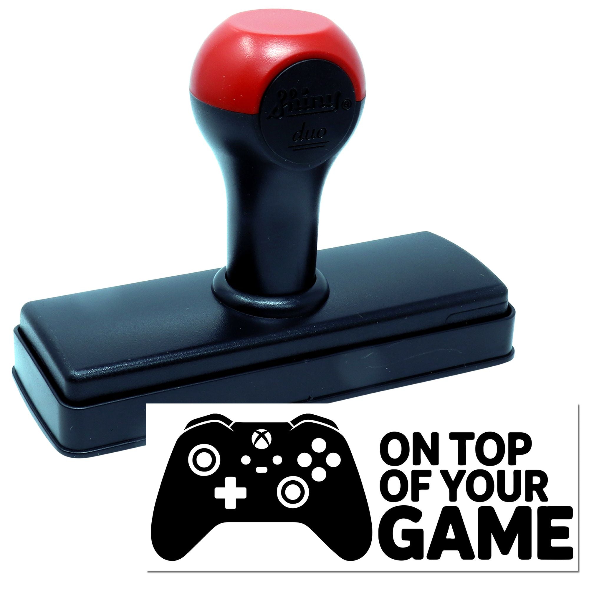 Red and black self-inking stamp and seal with gaming controller logo and On Top of Your Game text.
