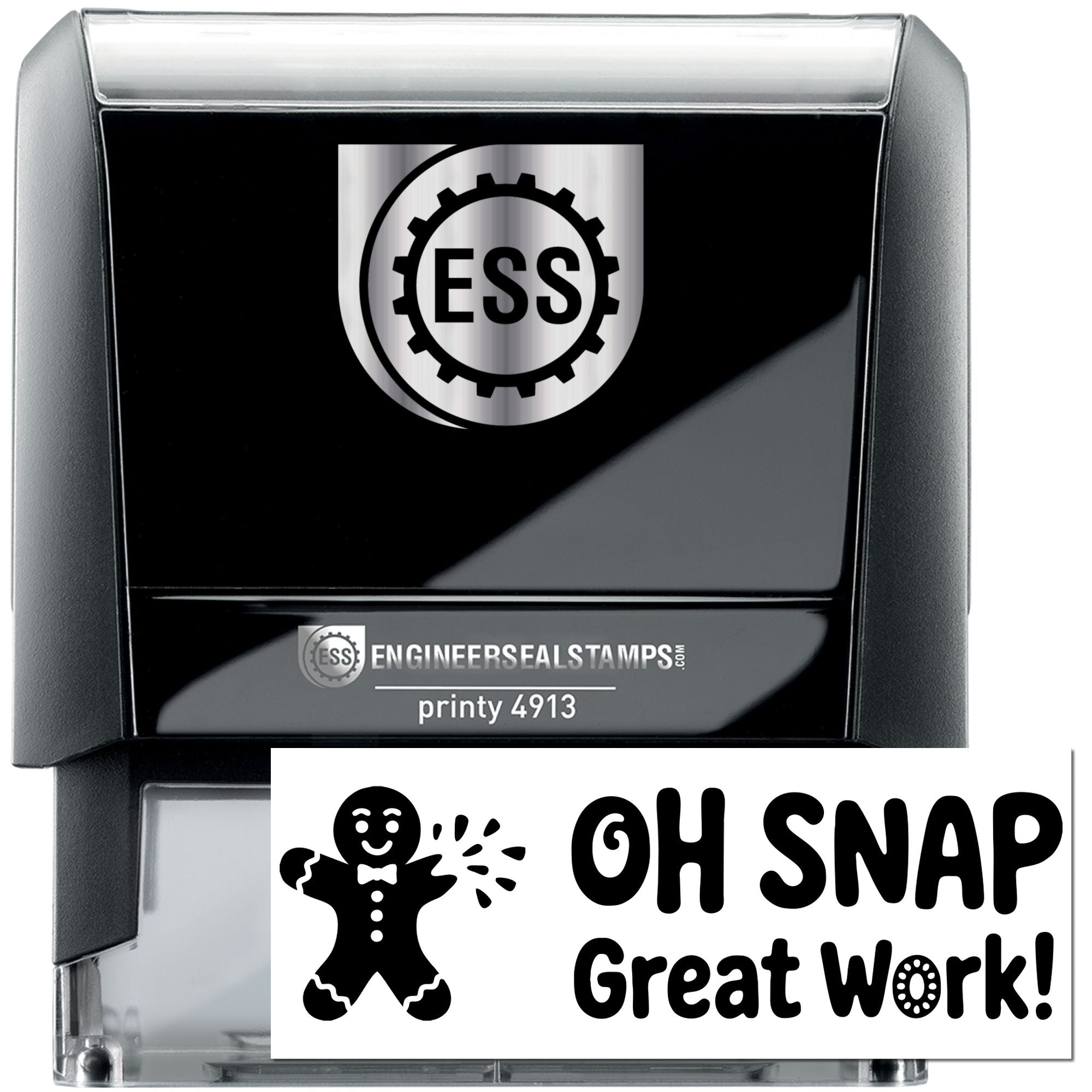 Black and silver self-inking engineer seal stamp with ESS logo and Oh Snap Great Work! imprint card.