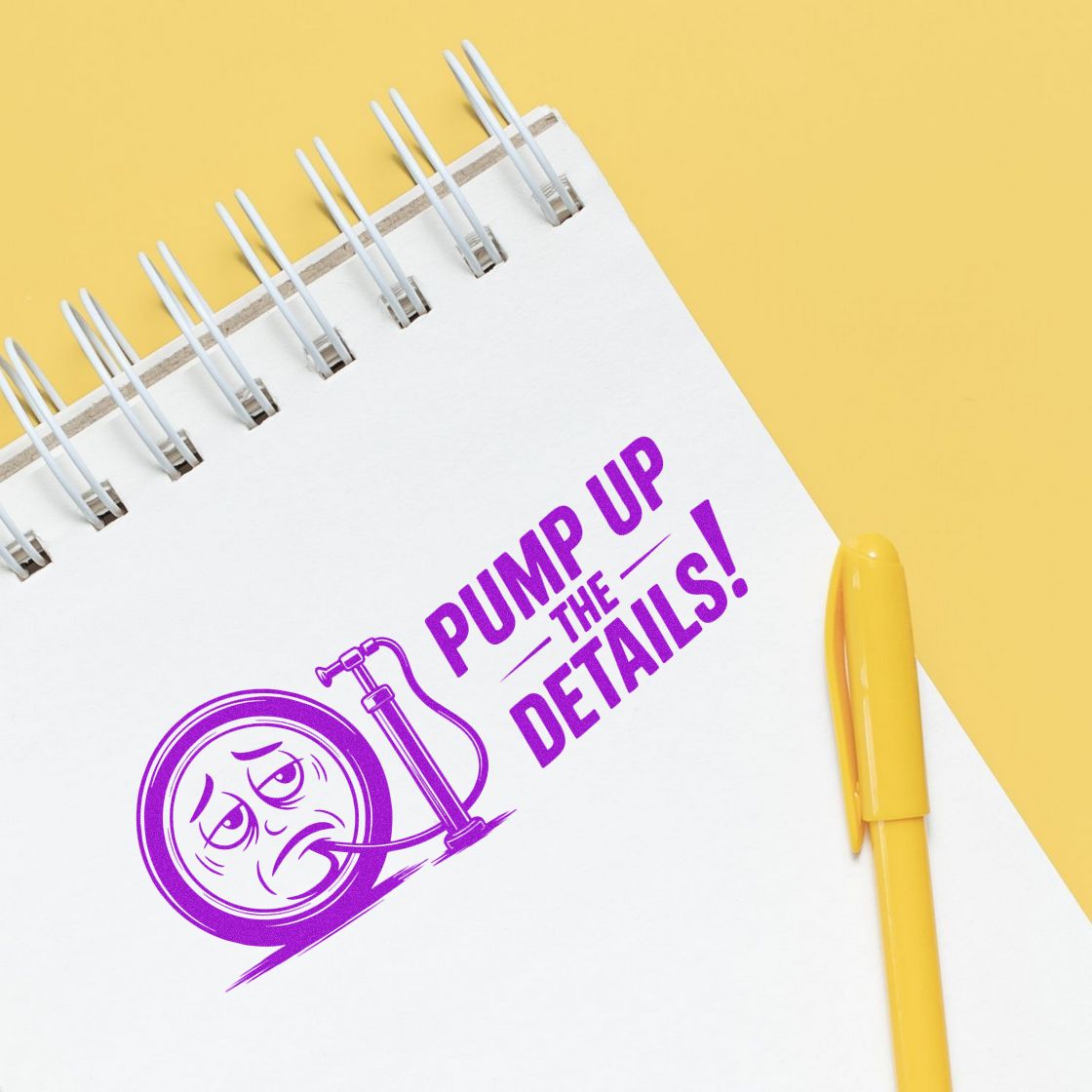 Purple stamp and seal design reading Pump Up the Details! on white spiral notebook, with yellow pen on yellow background.