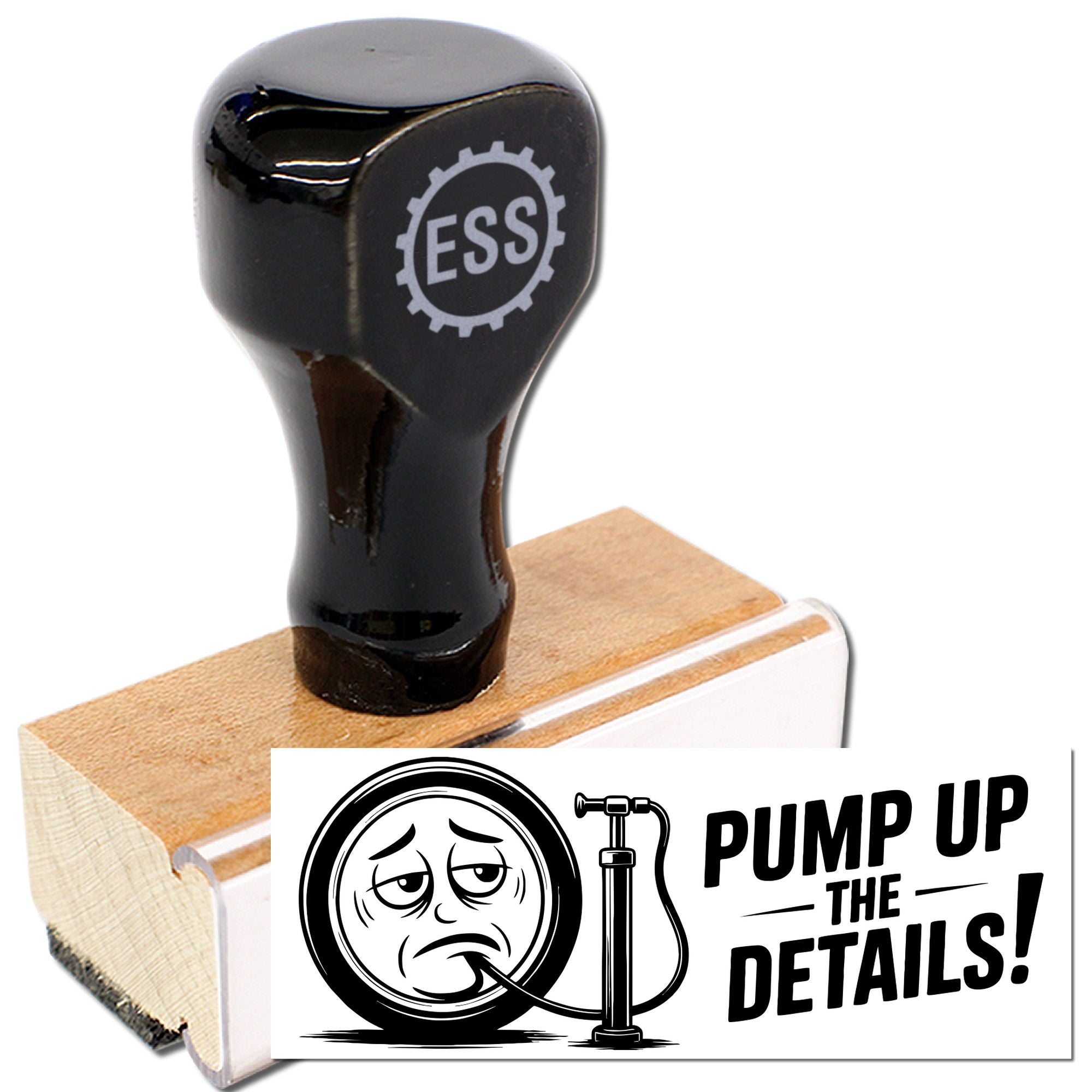 Black rubber stamp and wooden seal handle with ESS gear logo, next to a white card reading Pump Up the Details!
