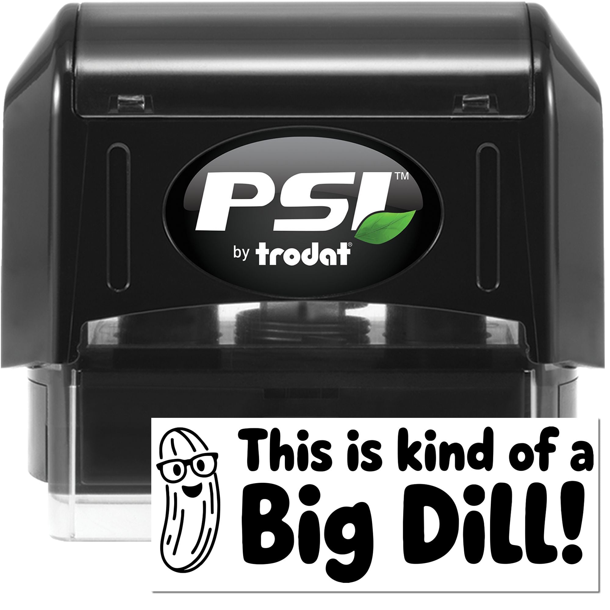 Black PSI by Trodat self-inking stamp and seal with white logo, green leaf, and clear base on white background.