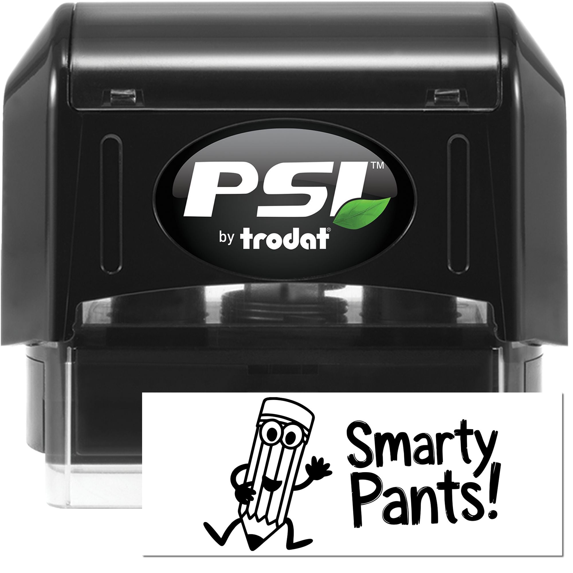 Black PSI by trodat self-inking stamp and seal set with white logo and Smarty Pants! imprint.