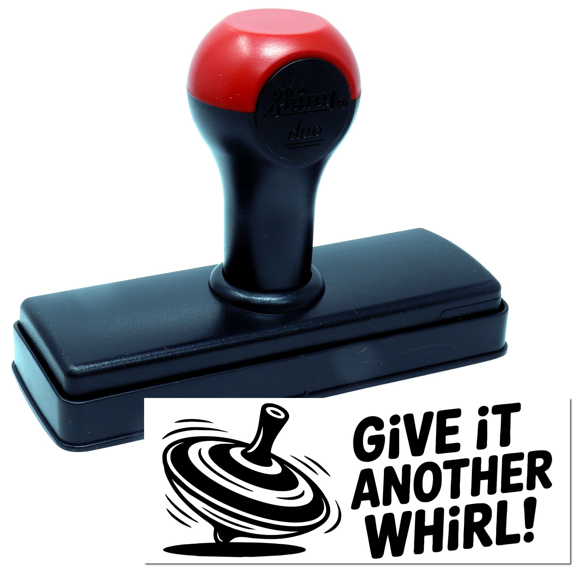 Red and black self-inking stamp with swivel seal base and Give it another whirl! logo on white background.