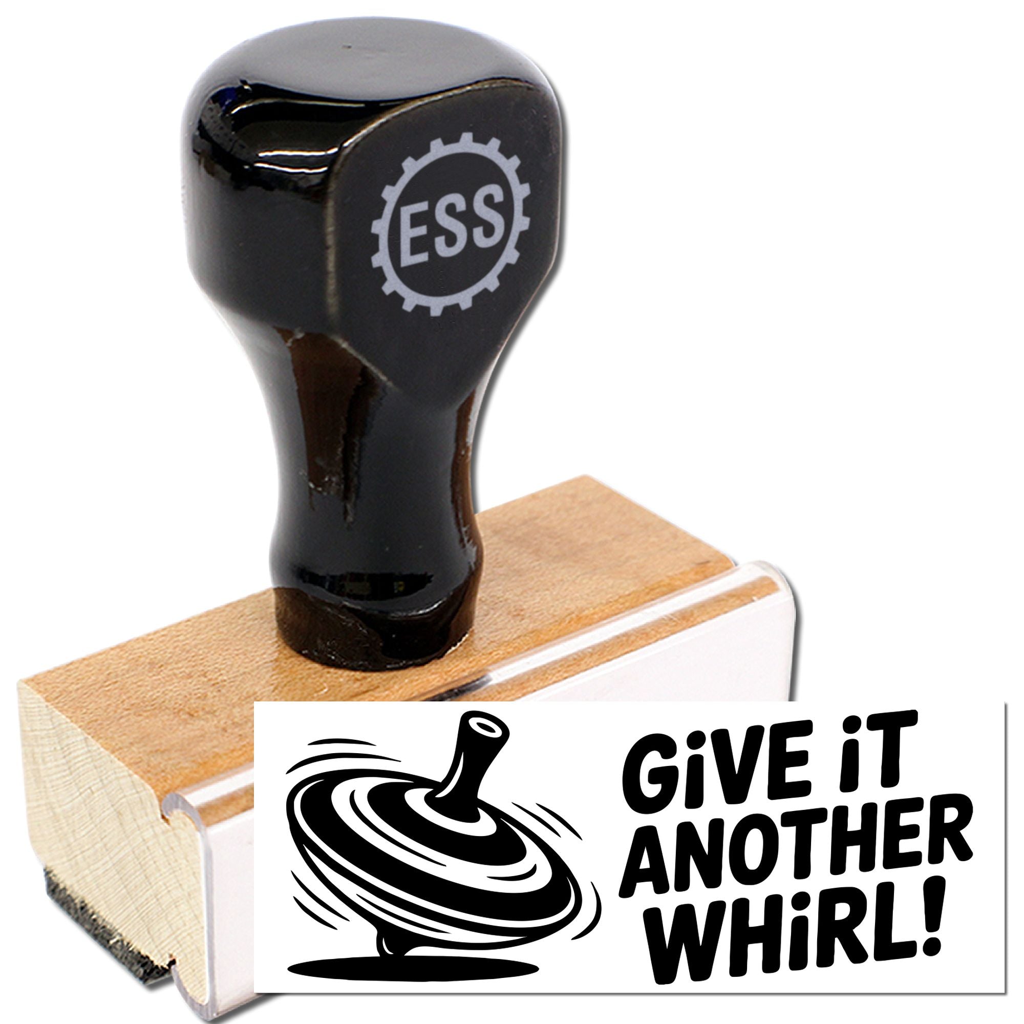 Black ESS self-inking stamp with wooden base and gear logo, plus a swirling seal design.