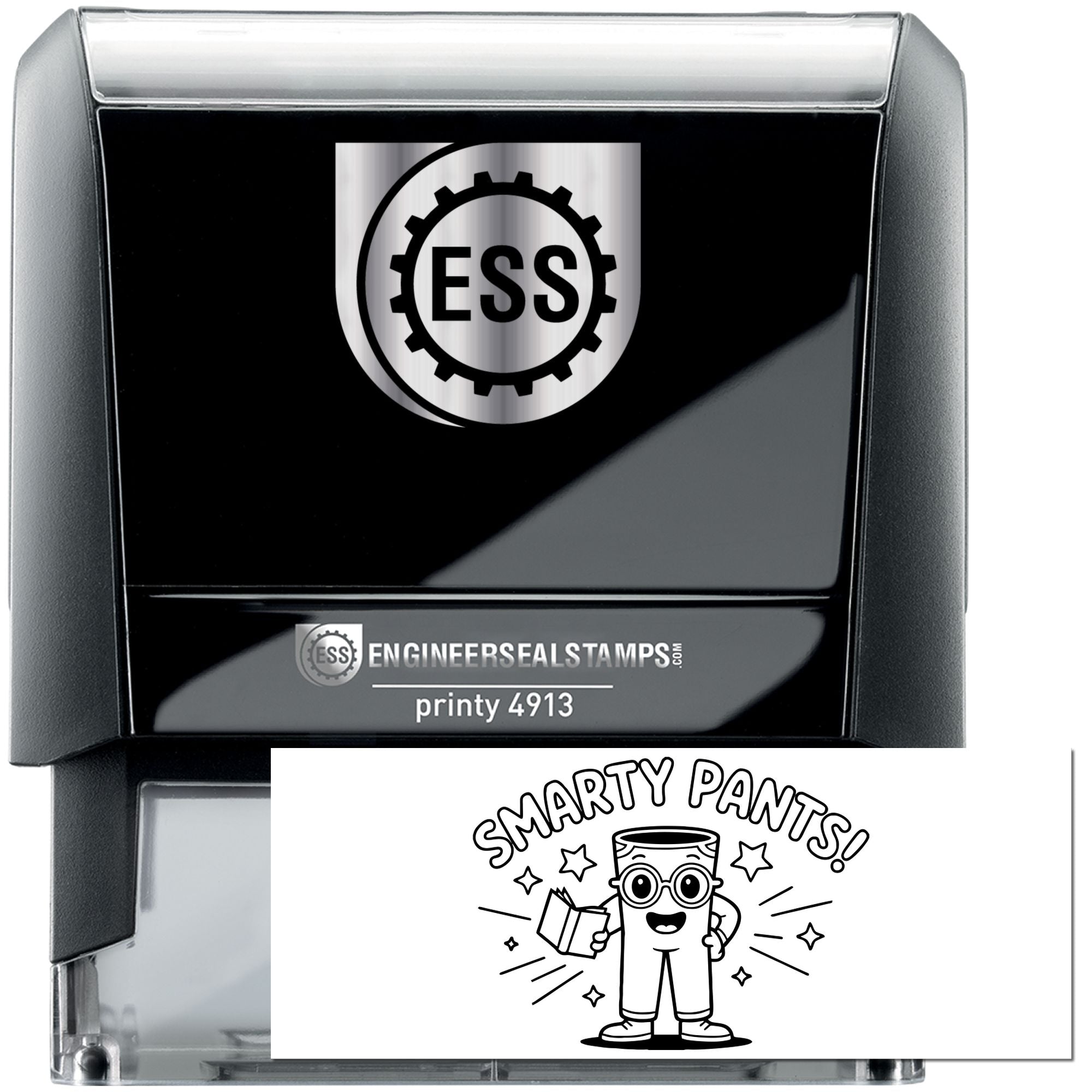 Black-and-silver ESS printy 4913 stamp and seal with gear logo and white Smarty Pants! cartoon insert.