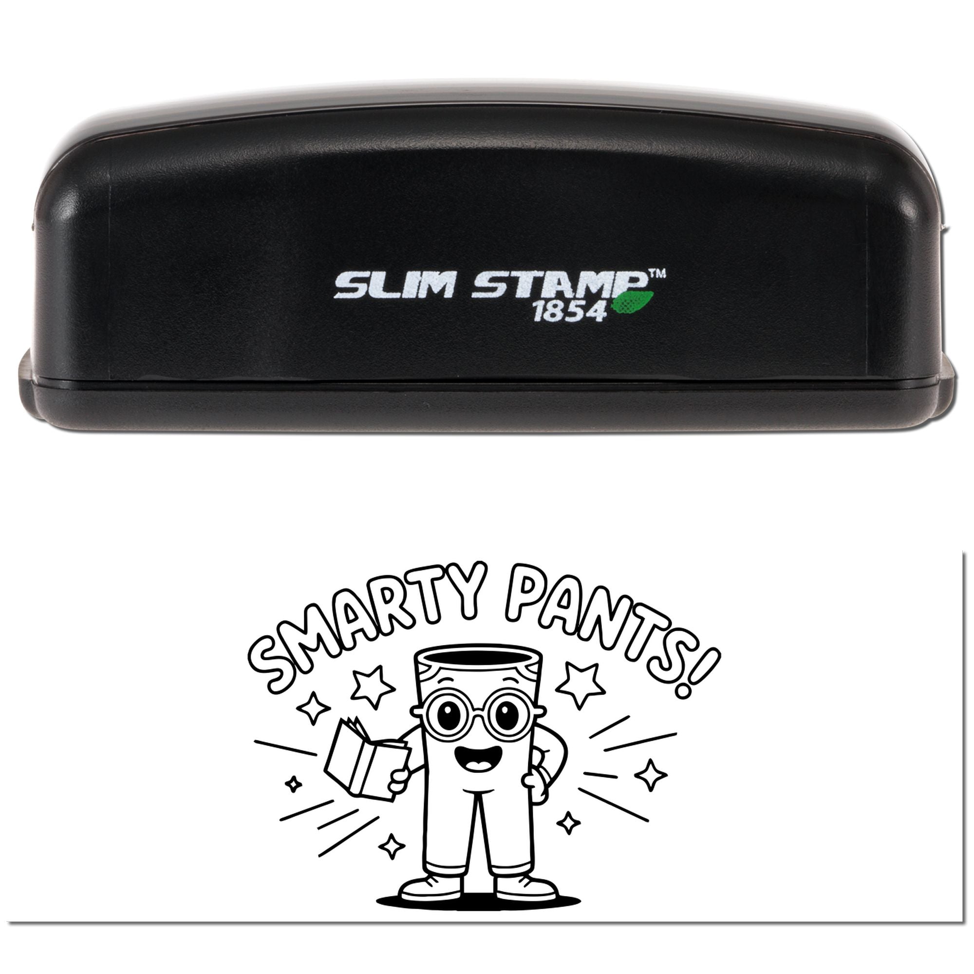Black Slim Stamp 1854 self-inking stamp with white logo above a black-and-white Smarty Pants seal design.