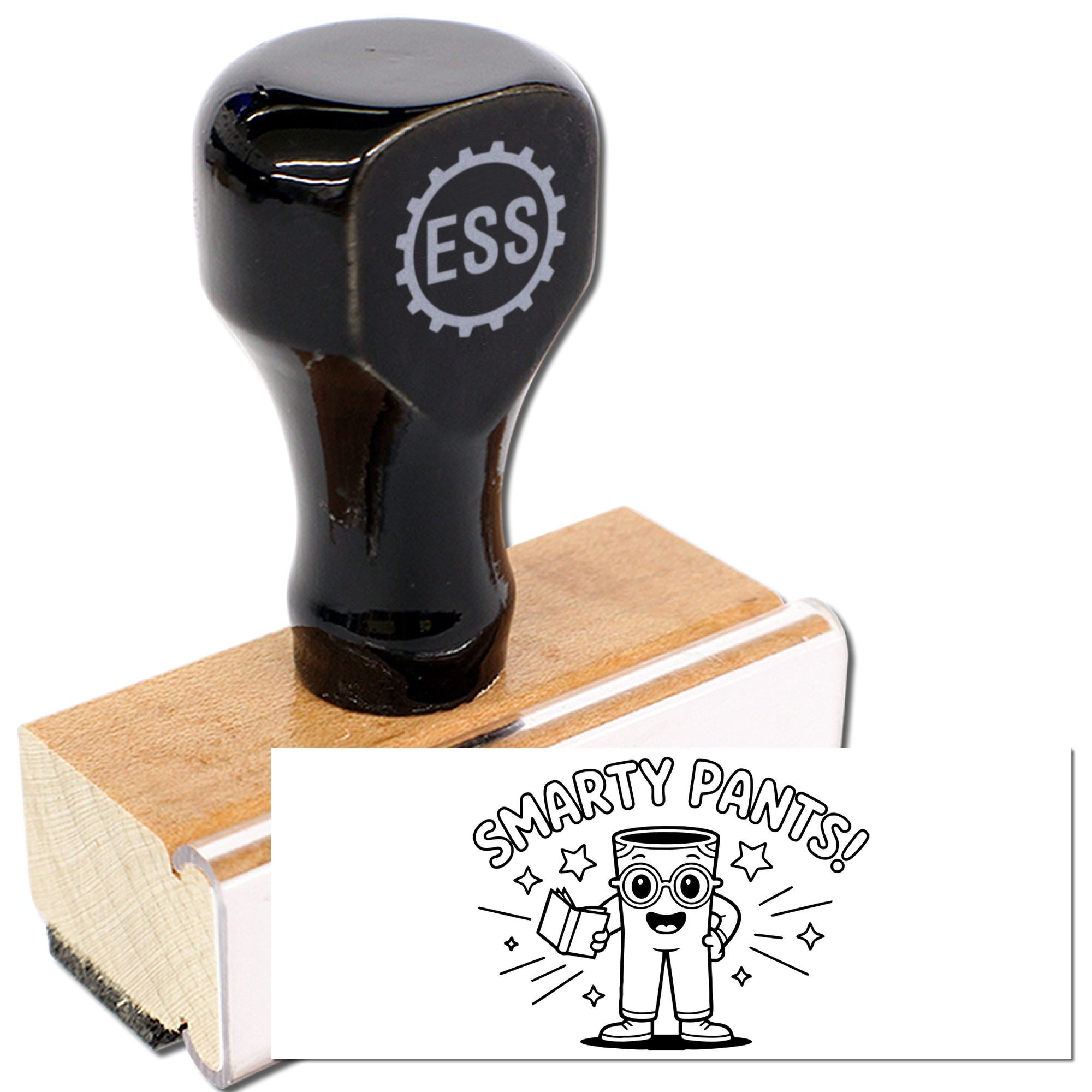 Black ESS rubber stamp and seal set with wooden handle, featuring a white SMARTY PANTS design on white card.