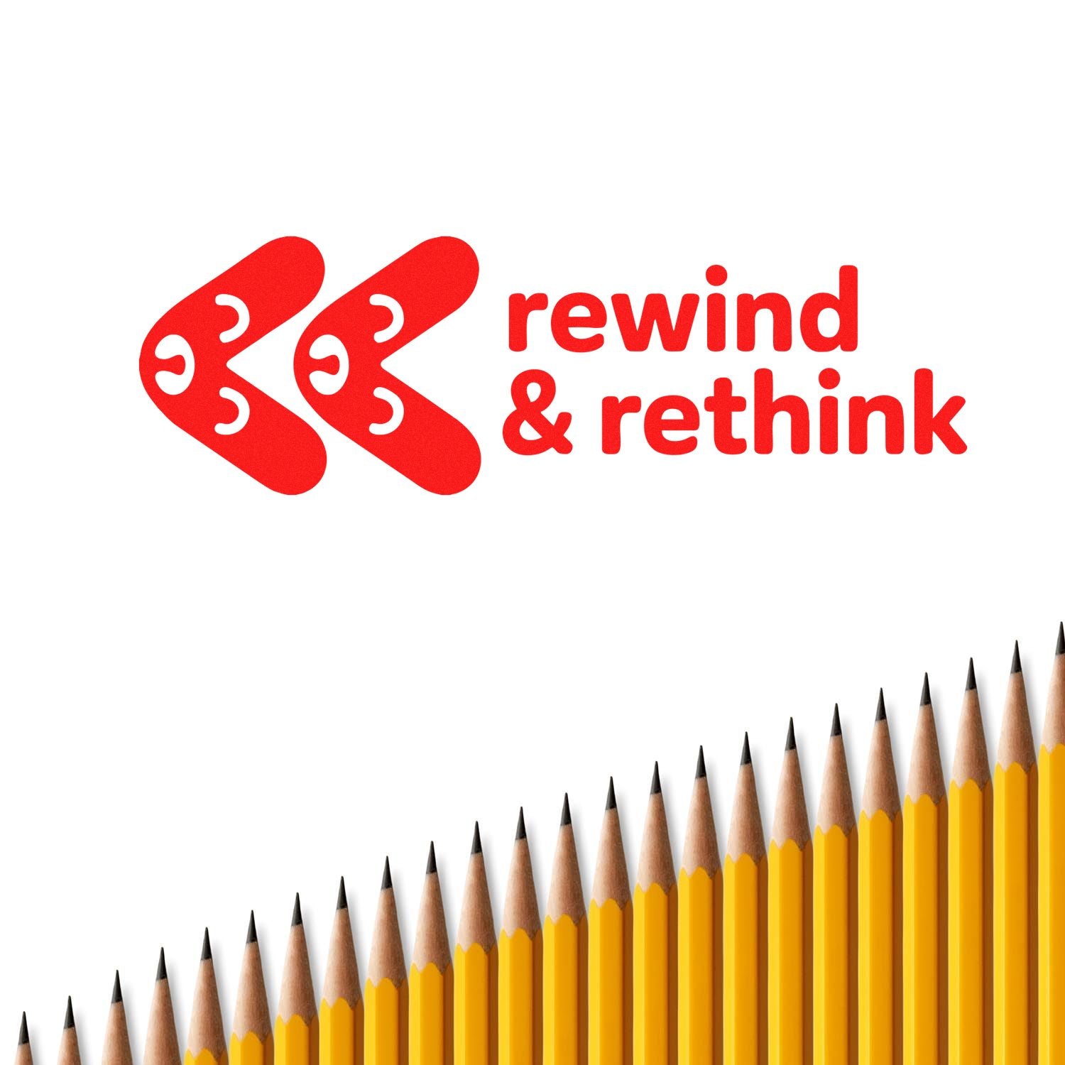 Red rewind & rethink stamp-style seal with twin arrow icons, above a row of yellow pencils on white.