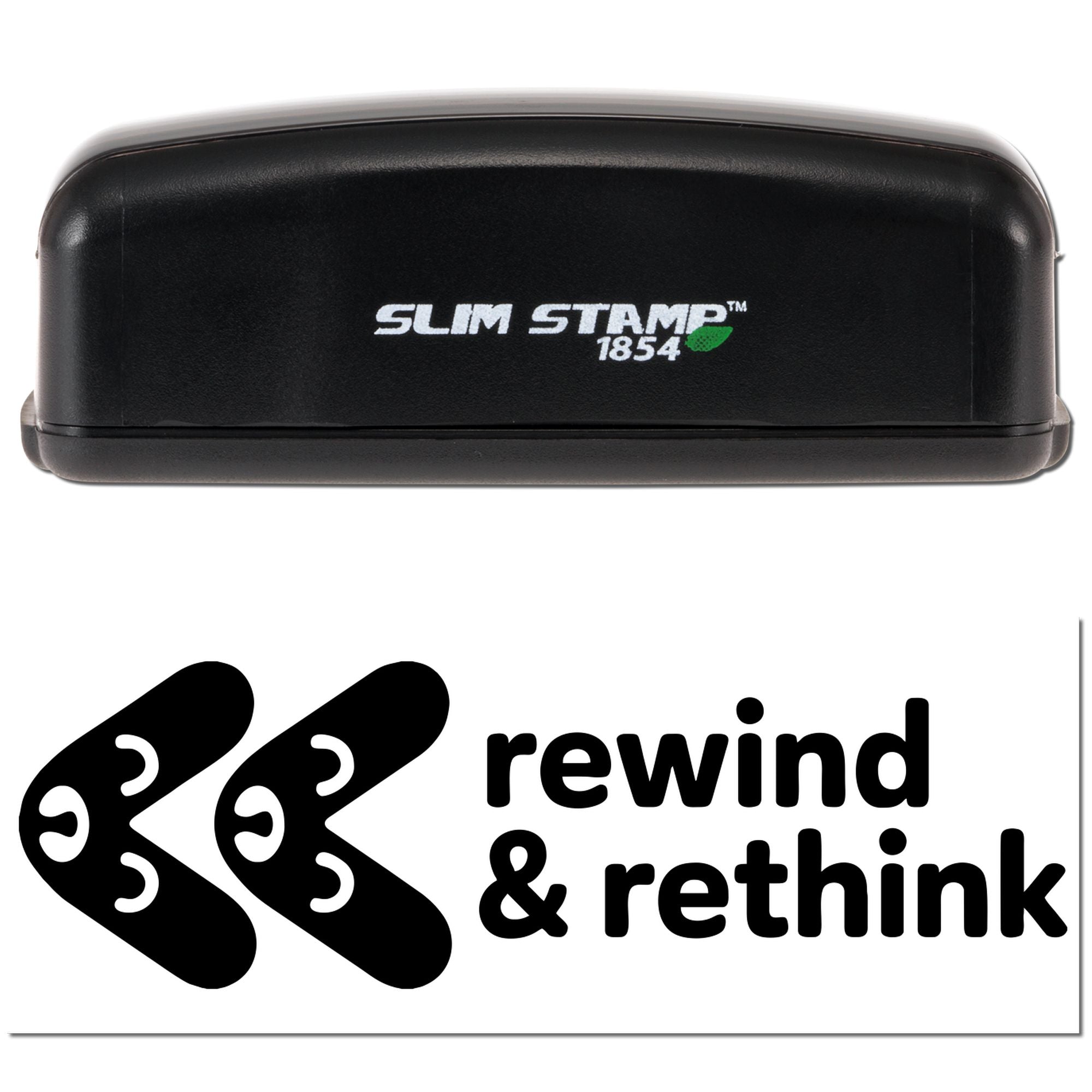 Black Slim Stamp 1854 self-inking stamp and seal with rewind & rethink logo on white background.