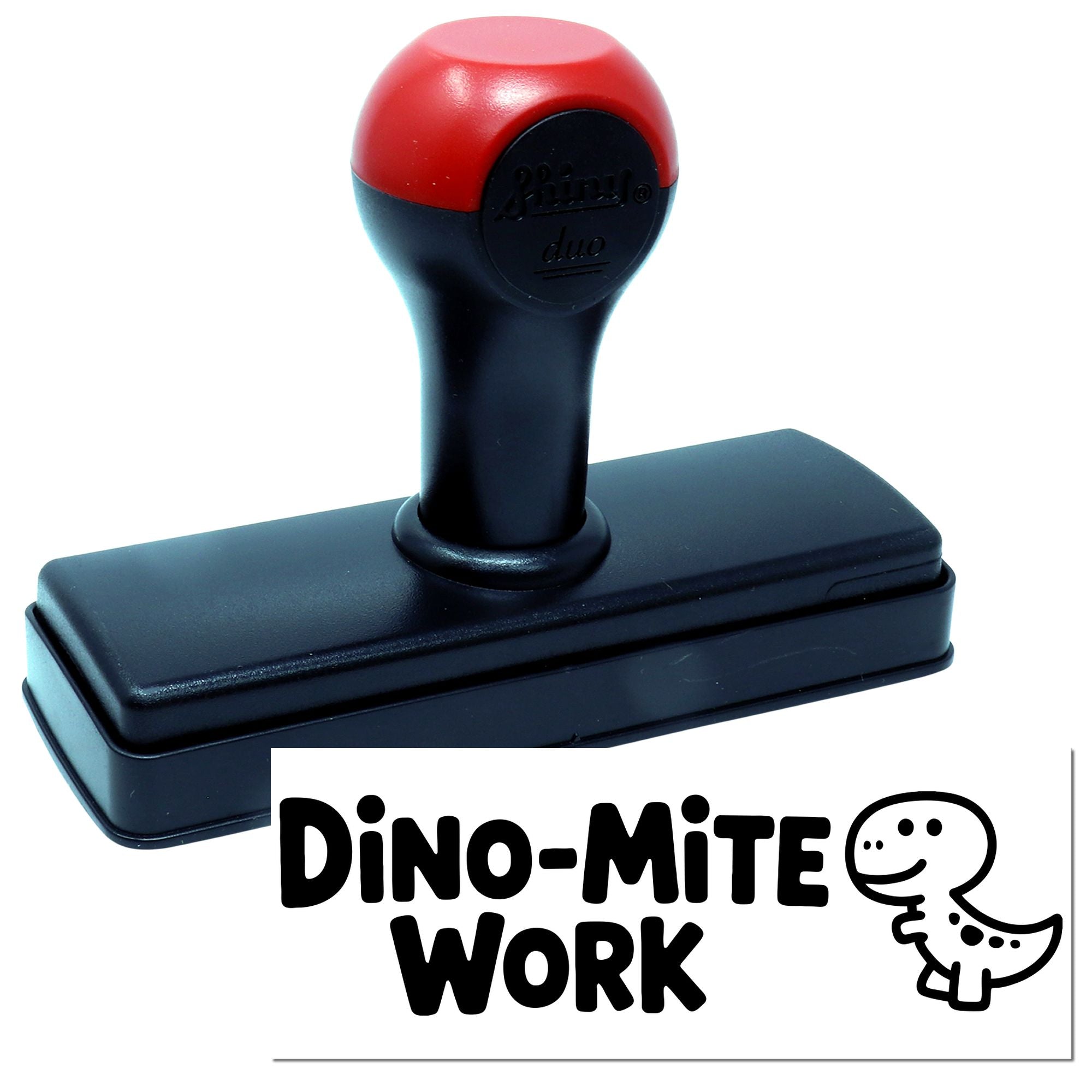 Red and black self-inking stamp and seal with Dino-Mite Work logo on a white background