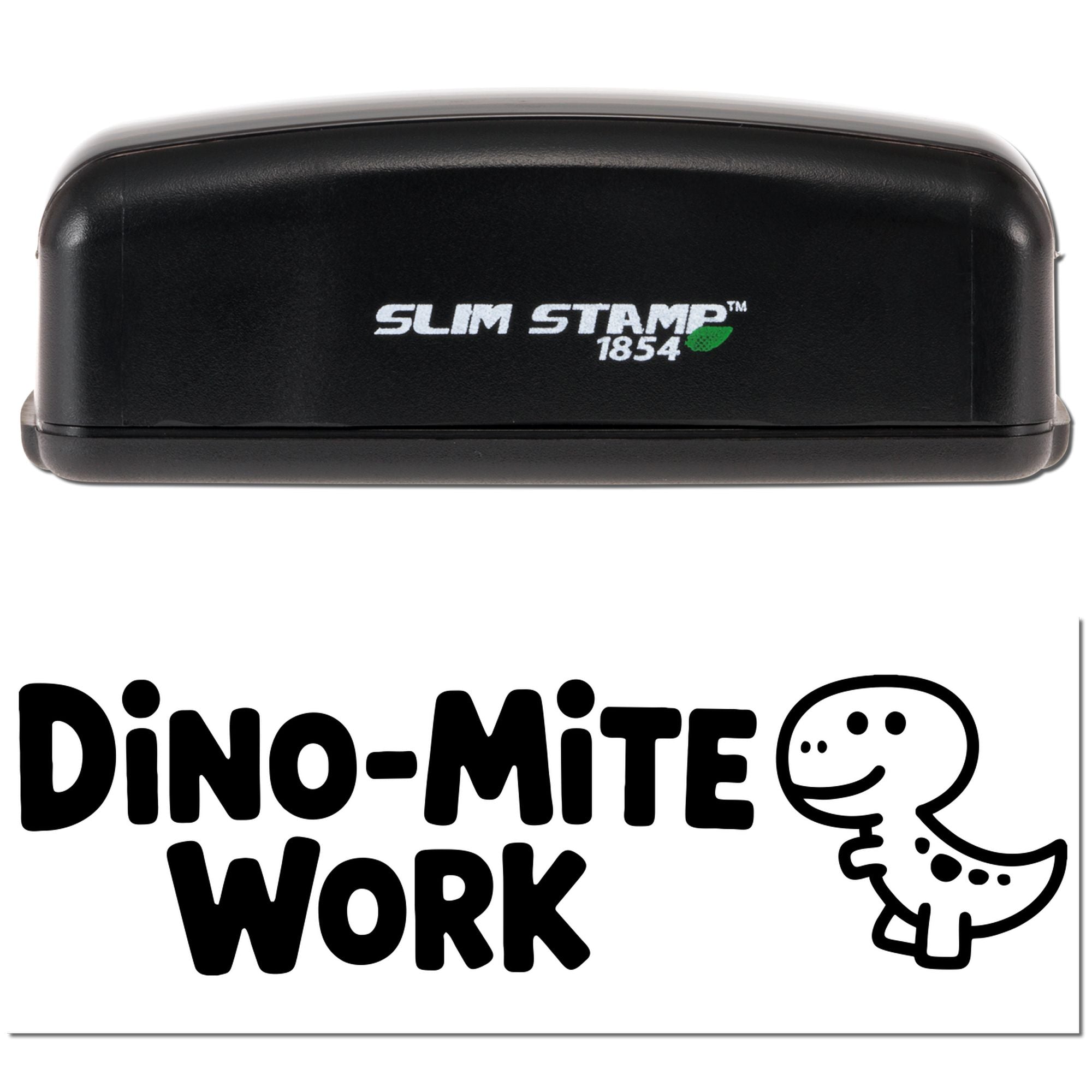 Black Slim Stamp 1854 self-inking stamp and Dino-Mite Work seal logo with green accent on white.