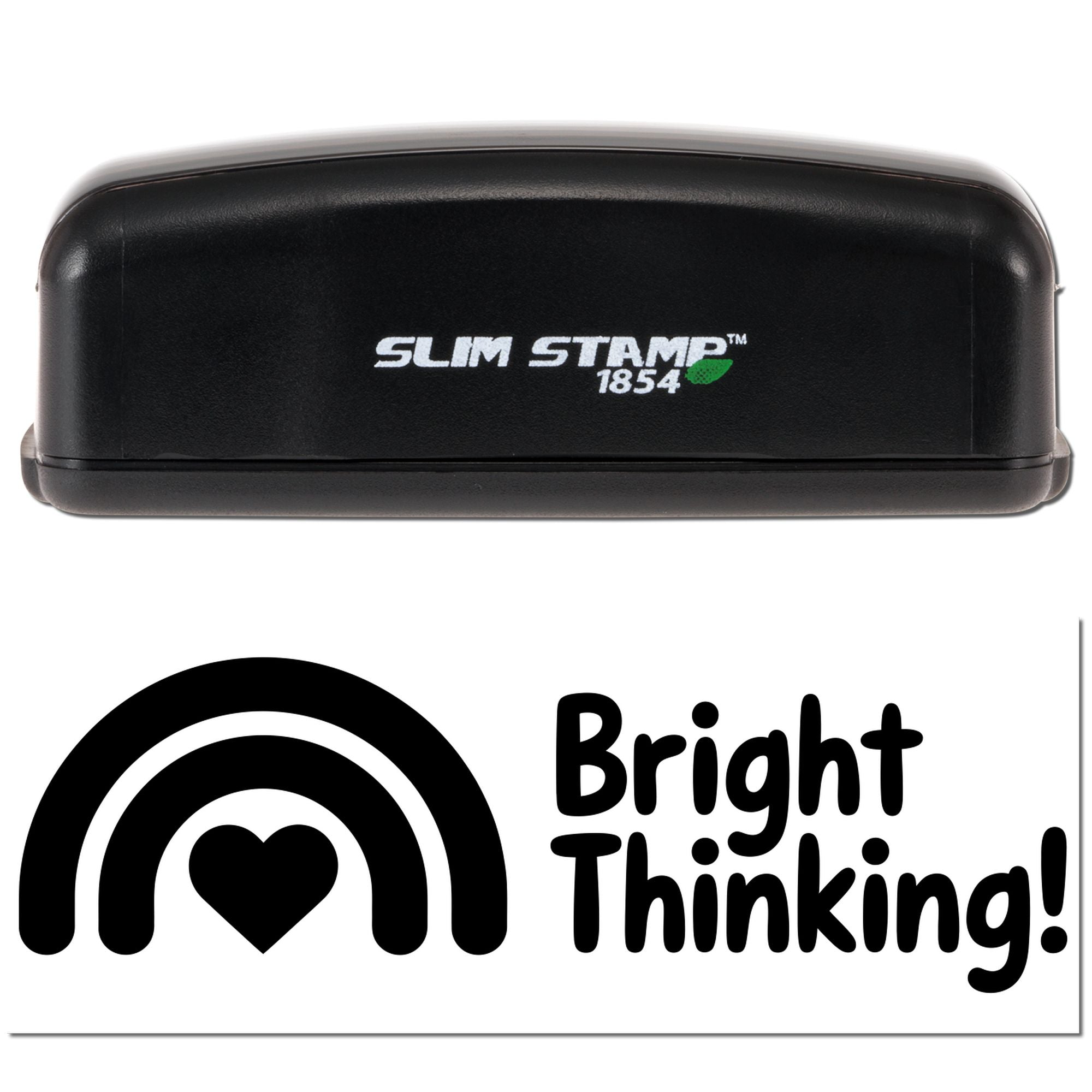 Black Slim Stamp 1854 stamp case and Bright Thinking seal design with rainbow arch and heart on white background.