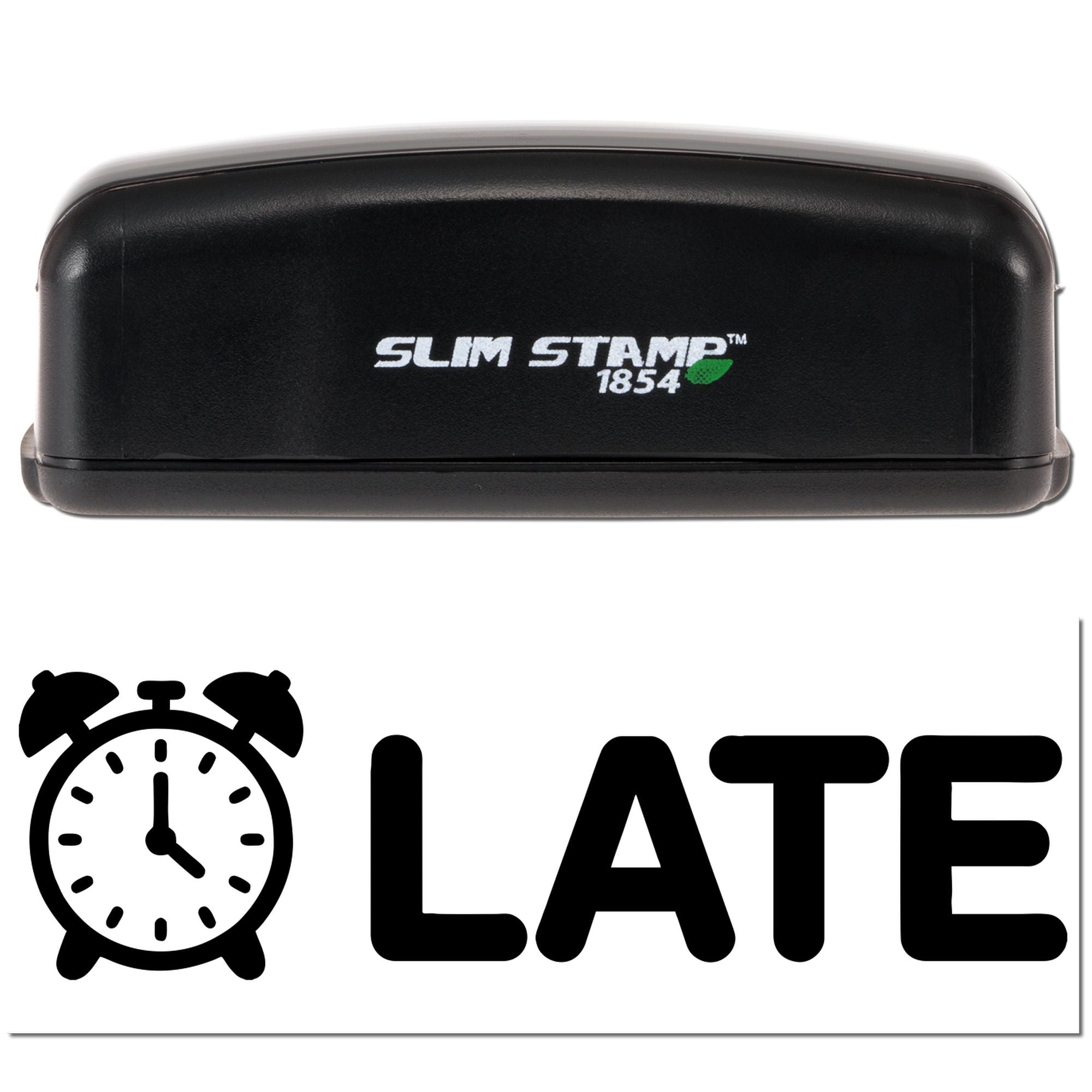 Black Slim Stamp 1854 self-inking stamp and seal with alarm clock icon and bold LATE text on white background.
