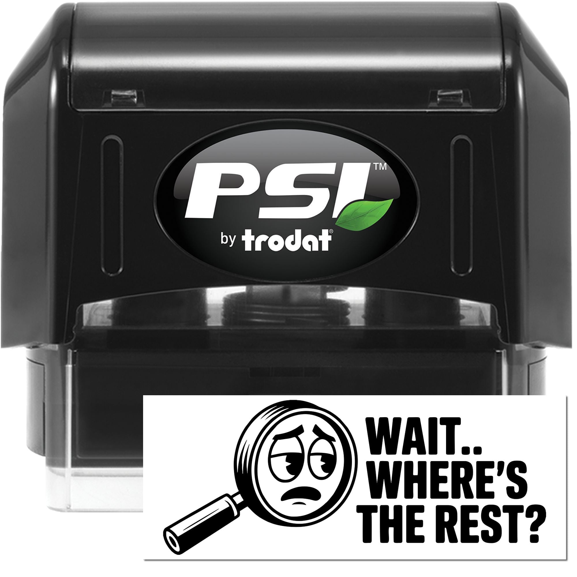 Black PSI by Trodat self-inking stamp and seal with green leaf logo on clear base.