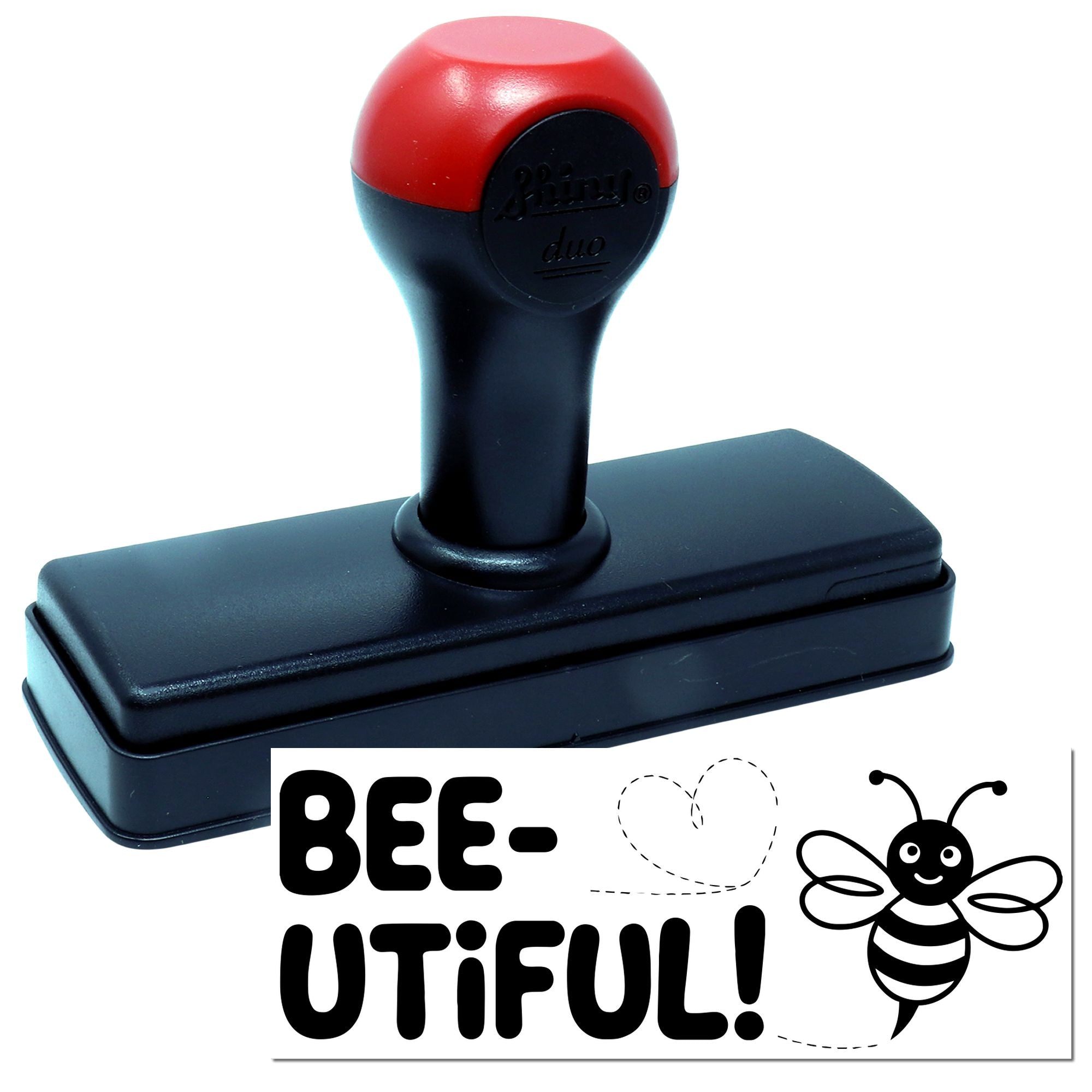 Red and black self-inking rubber stamp with Bee-Utiful seal design and bee graphic on a white background