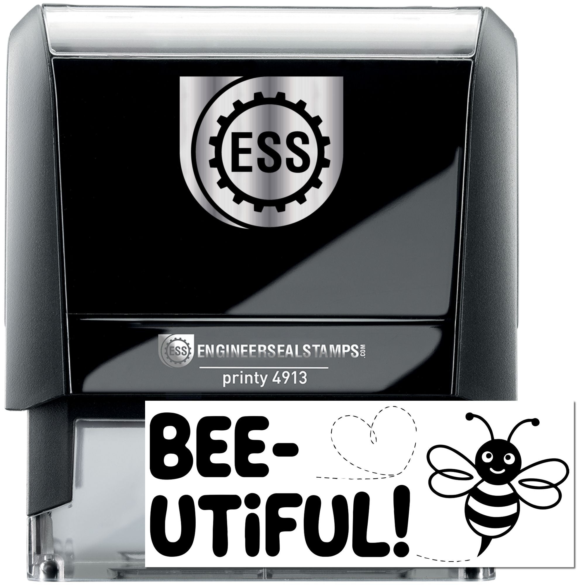 Black and silver ESS self-inking stamp and seal with bee-themed BEE-UTIFUL! design and printy 4913 label