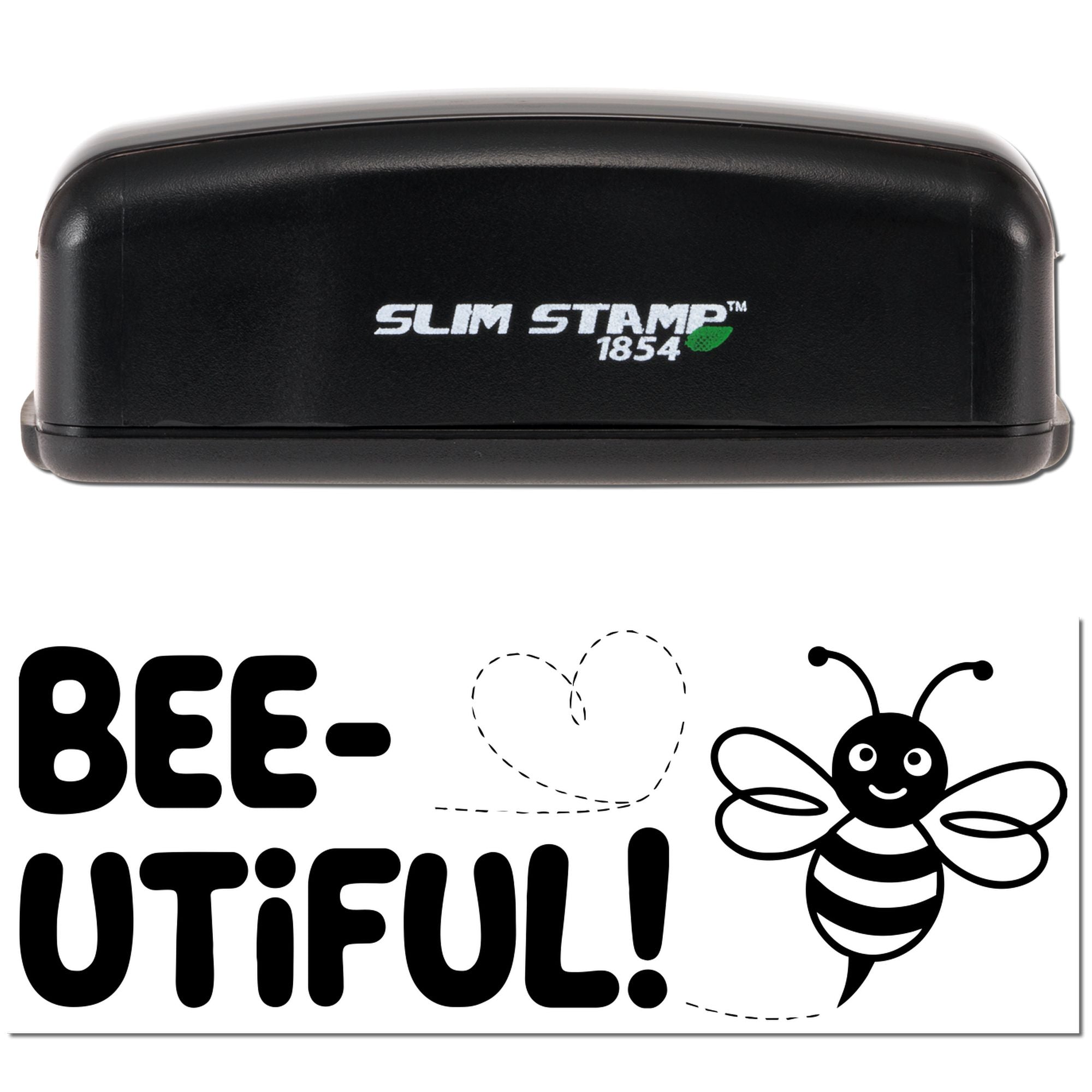 Black Slim Stamp 1854 custom stamp and seal with BEE-UTIFUL! bee, heart outline, and white background