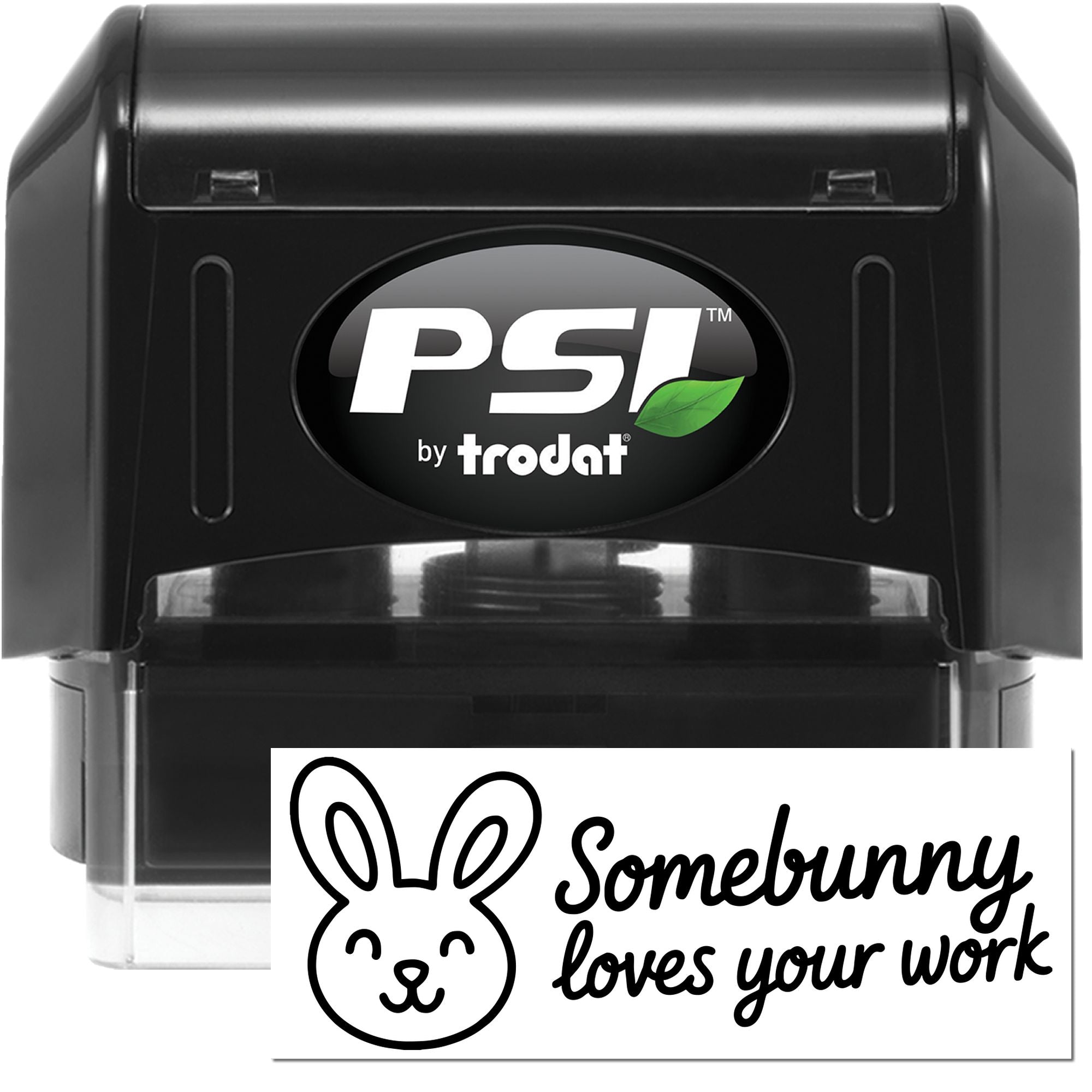 Black PSI by Trodat self-inking stamp and seal with white bunny Somebunny loves your work design.