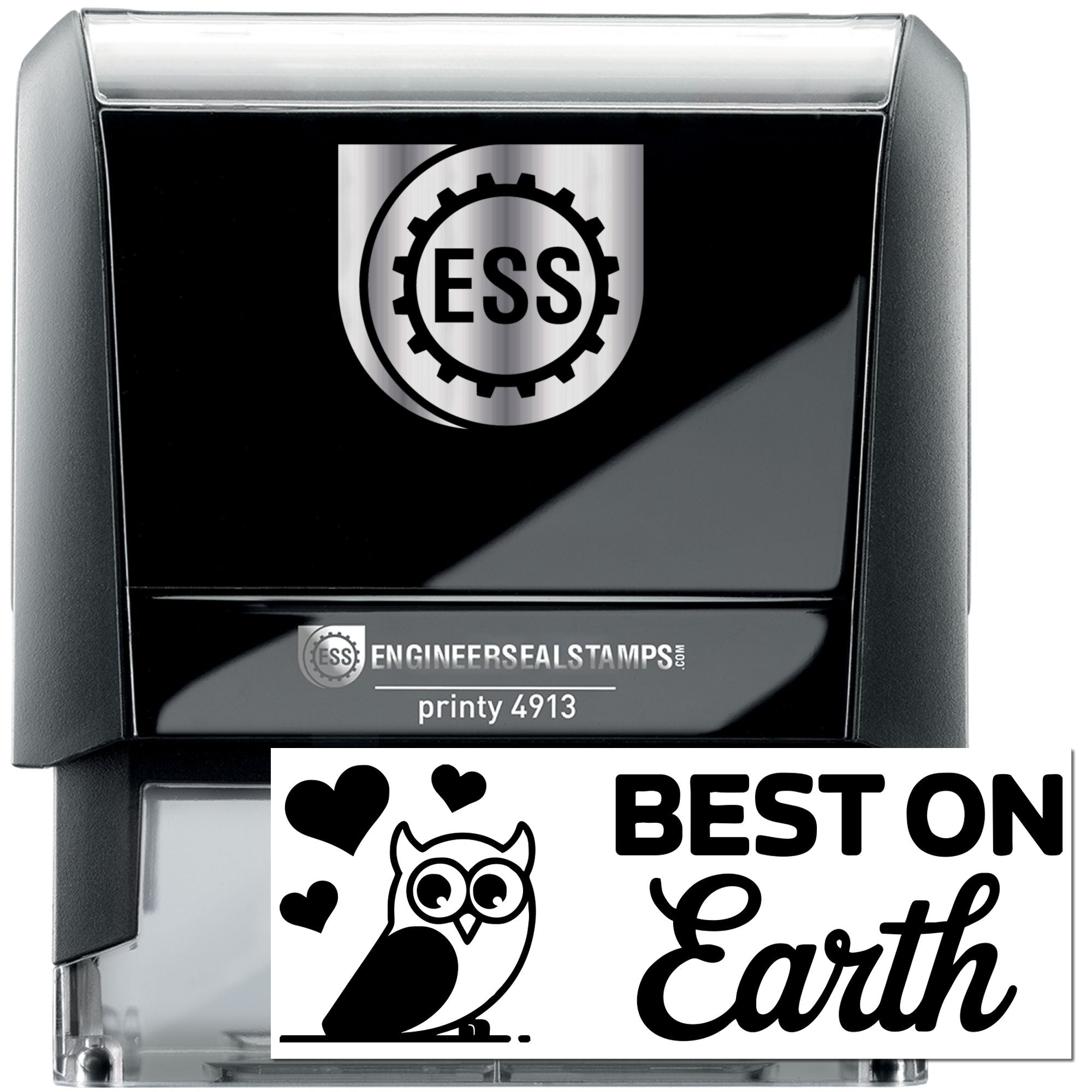 Black self-inking engineering seal stamp with silver ESS logo and white Best on Earth owl stamp design.