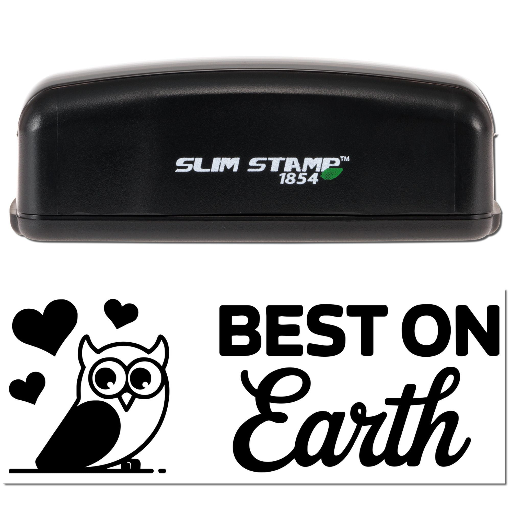 Black Slim Stamp 1854 stamp case above black owl, hearts, and BEST ON Earth seal design on white.