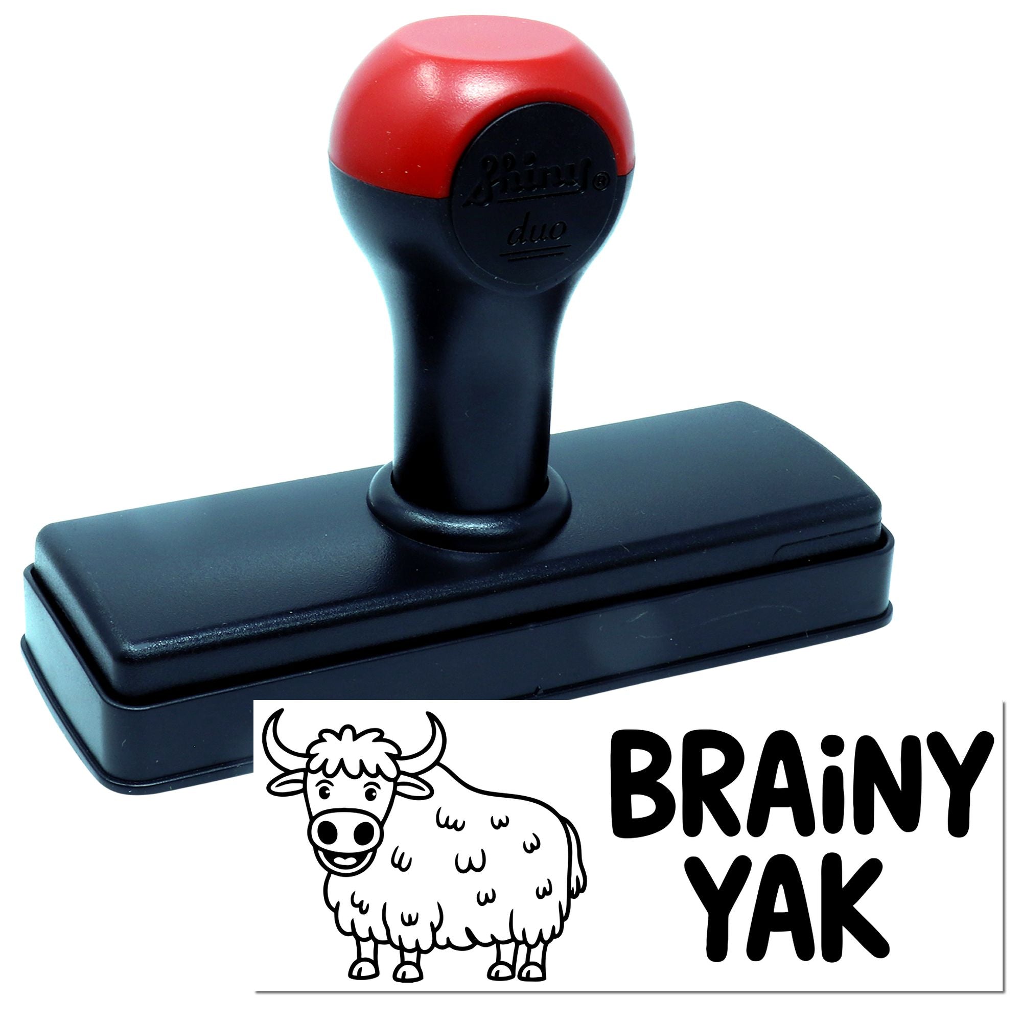 Black self-inking stamp with red handle, showing a yak logo and BRAINY YAK imprint.